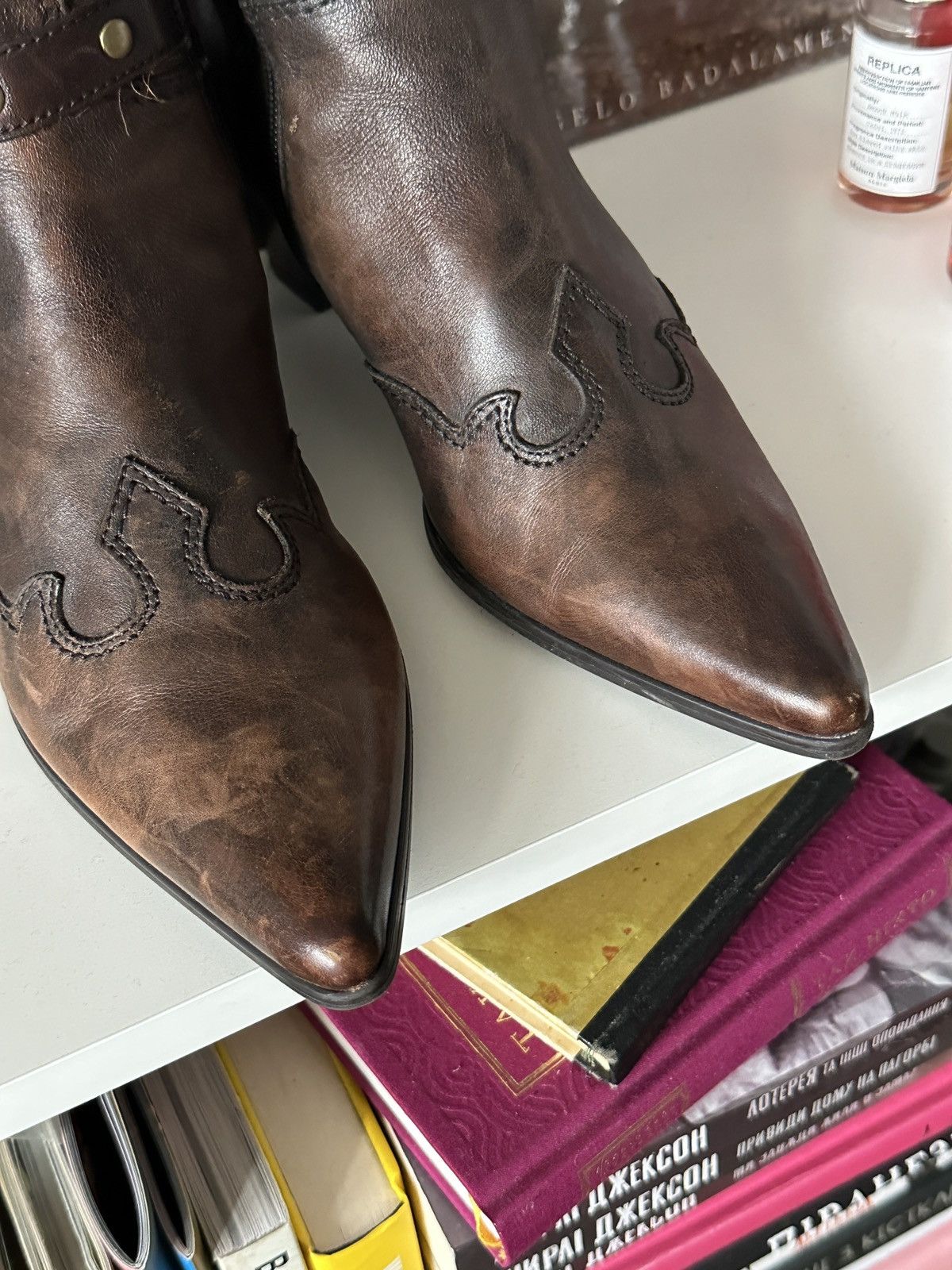 Other Old Leather Cowboy Vintage Pointed Toe Heels Moto Boots Size US 7 / IT 37 - 6 Thumbnail