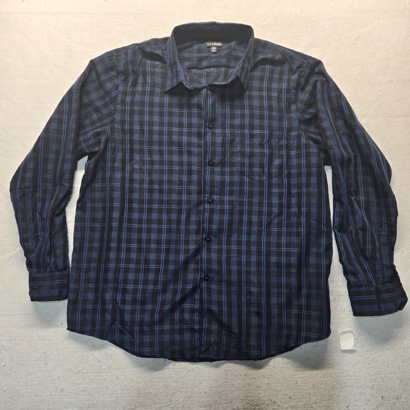 George GEORGE Shirt Adult Mens Size XL Plaid Long Sleeve Button-Up Cotton Blend Black/Blue 46-48 Modern Casual 90s? Size 46R - 2 Thumbnail