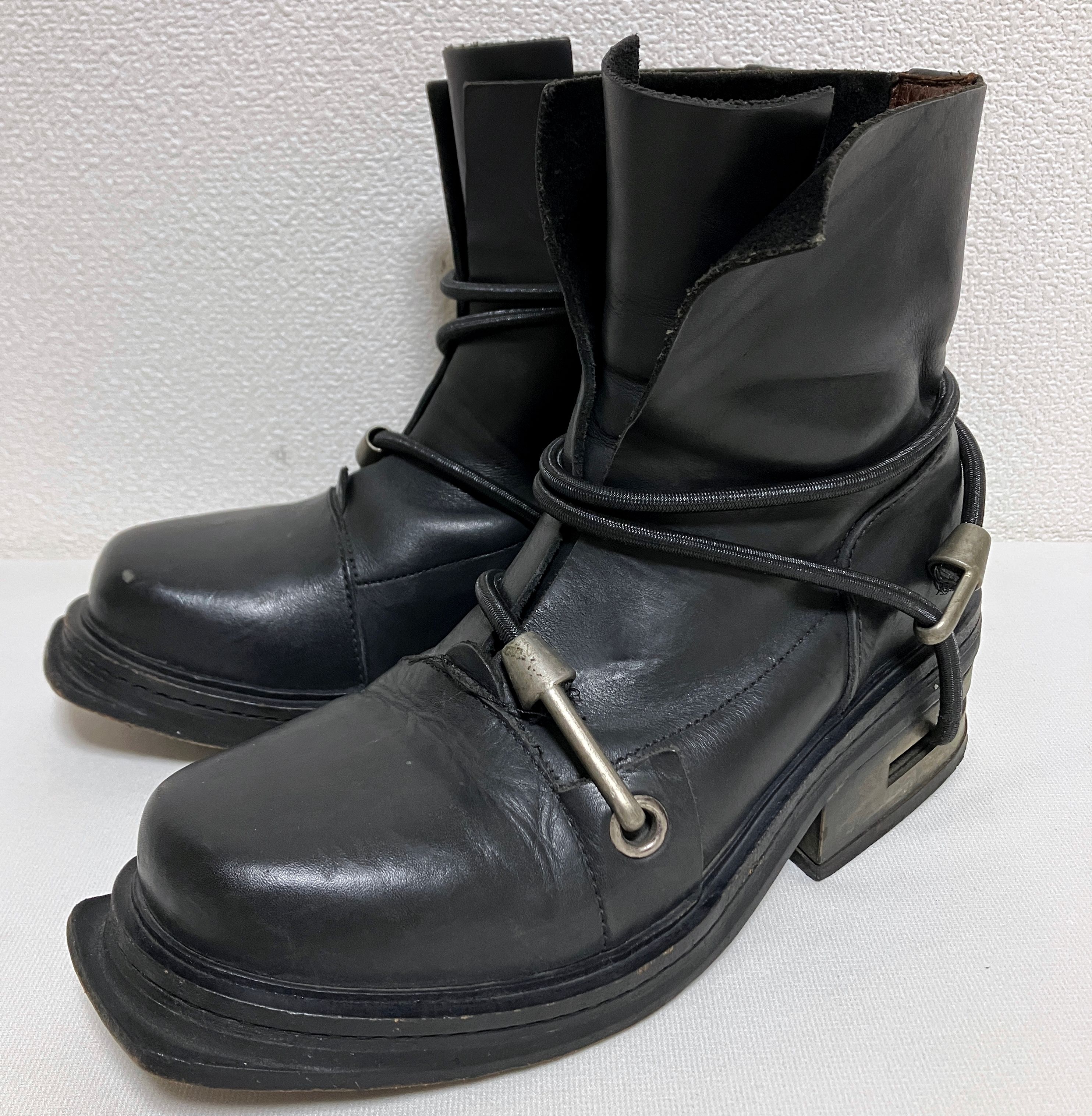 Pre-owned Dirk Bikkembergs Leather Bungee Cord Metal Heel Shoes Boots 41 In Black