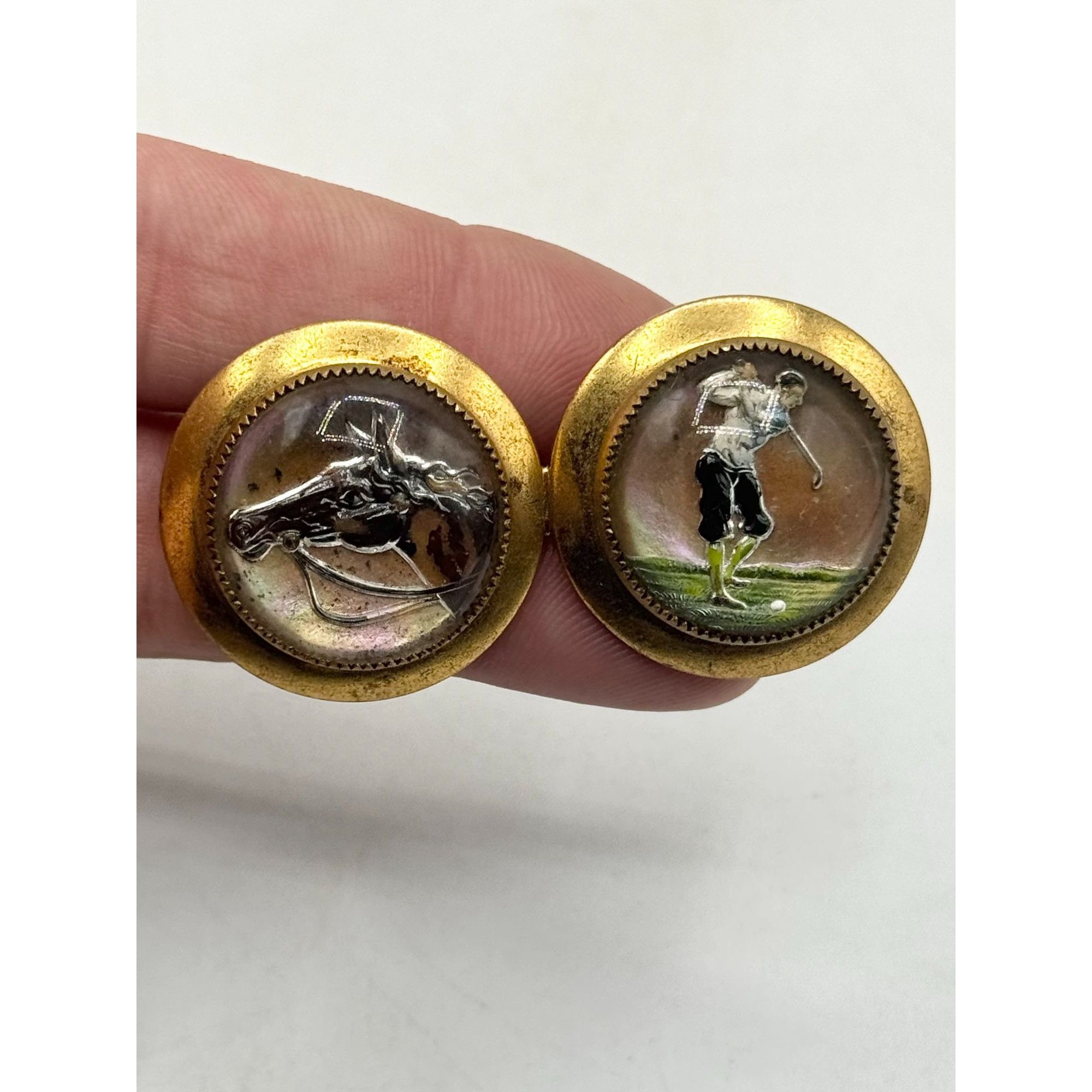 Vintage Antique rosette reverse glass painted horse golf brooch pin Size ONE SIZE - 2 Thumbnail