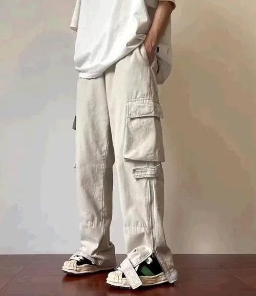 image of Vintage Cargo Pants Cream- Korean Streetwear Style Pants, Men's (Size 31)