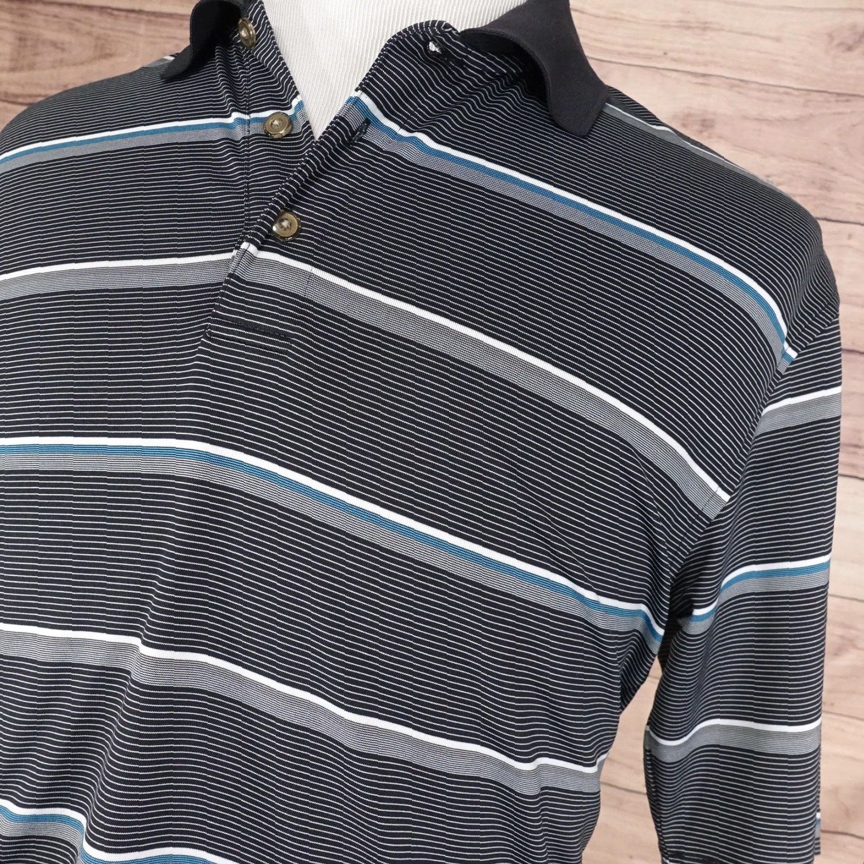 Vintage Kirkland Signature Performance Polo Shirt Mens M Black Gray Striped Short Sleeve Golf Shirt Size US M / EU 48-50 / 2 - 2 Thumbnail