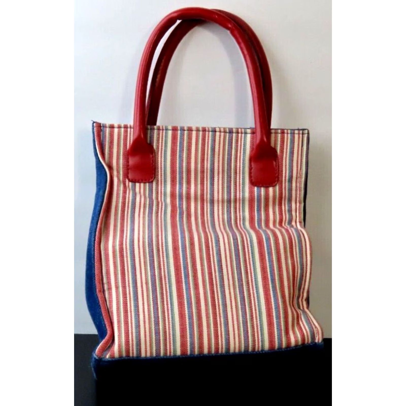 Vintage Longaberger Mini Tote Canvas Denim Red White Blue Striped Tote Bag Women Small Blue 9x7x4 Varsity Striped Red White Blue Men? Size ONE SIZE - 3 Thumbnail