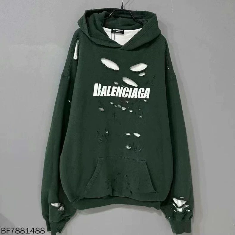 Balenciaga Balenciaga Green Double Layer Destroyed Hole Letter Hoodie Size US M / EU 48-50 / 2 - 2 Thumbnail