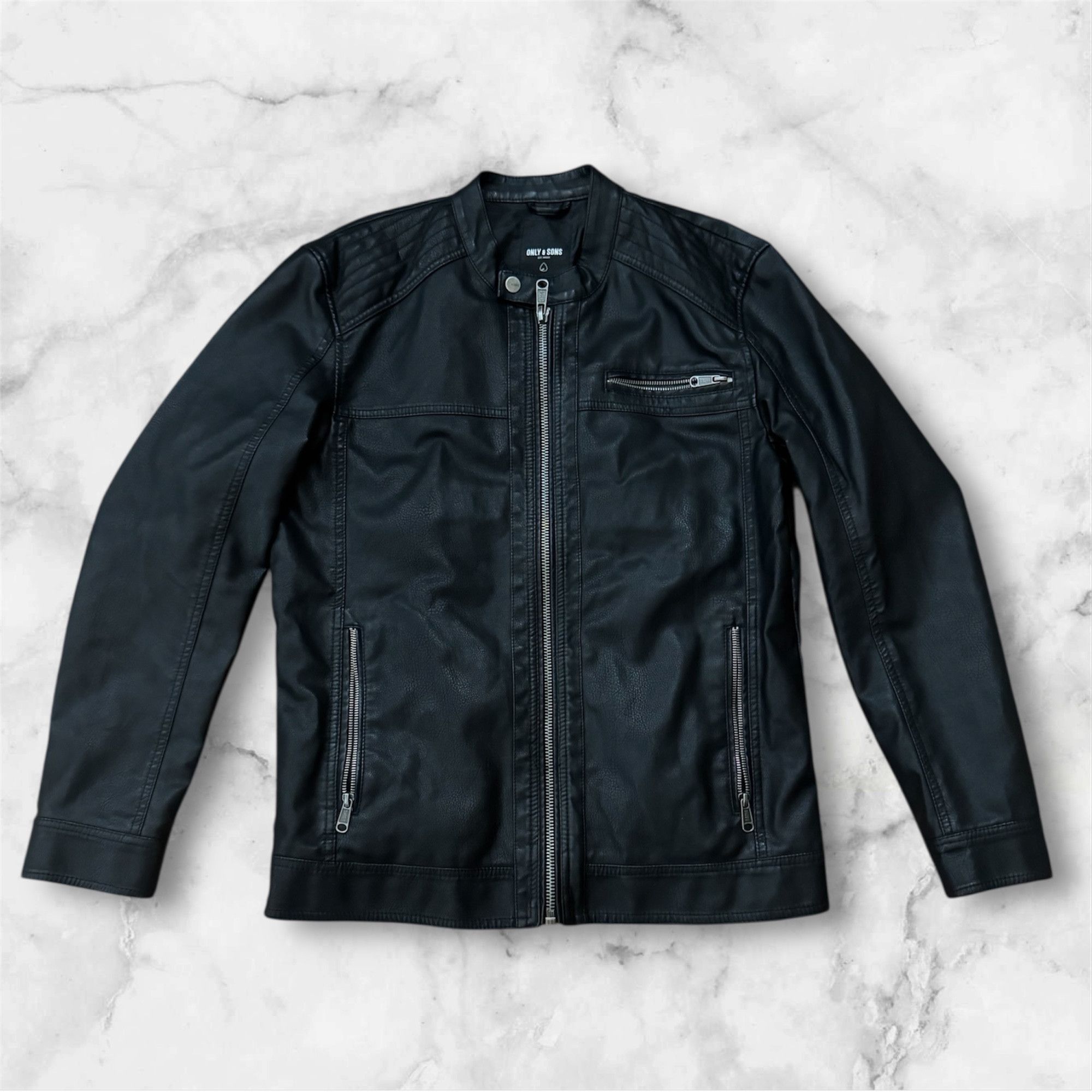 Other Only & Sons Men's Faux LeatherJacket Black Biker Rock Style! Size US L / EU 52-54 / 3 - 1 Thumbnail