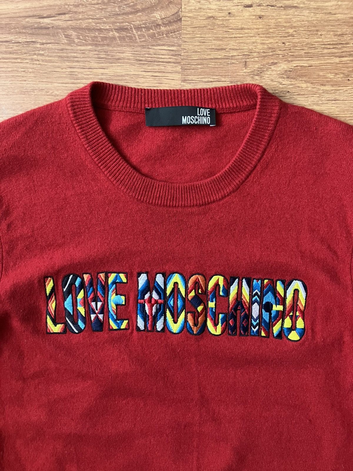 Love Moschino × Vintage Red Wool Vintage Love Moschino Sweater Jumper FrontLogo Silk Size M / US 6-8 / IT 42-44 - 2 Thumbnail