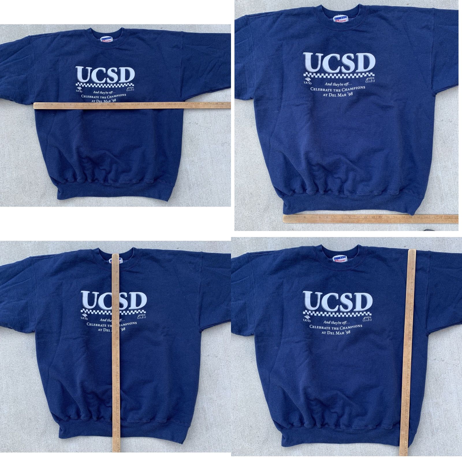 Hanes VINTAGE UCSD Del Mar ’98 Sweatshirt Horses Horse Racing Pullover Graphic Print Unisex Adults XL Blue Hanes Cotton Blend Size US XL / EU 56 / 4 - 11 Thumbnail