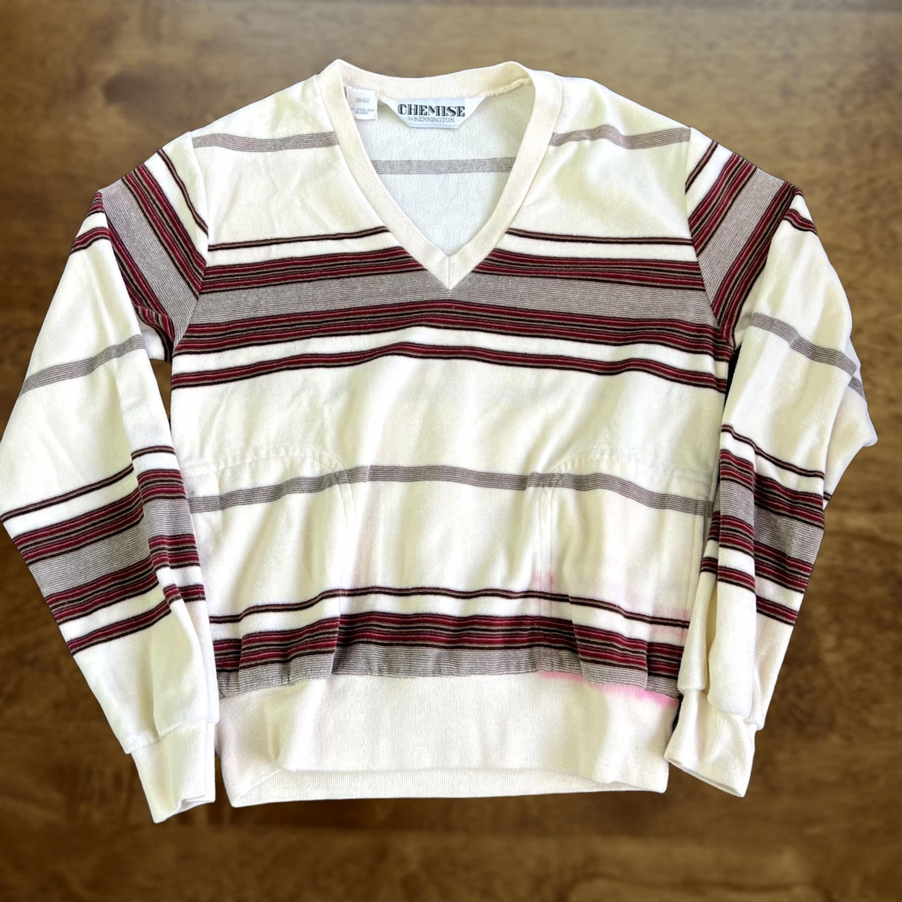 Vintage Vintage Chemise by Kennington Sweater Mens Small Cream Stripe V Neck Retro 70s Size US S / EU 44-46 / 1 - 1 Thumbnail