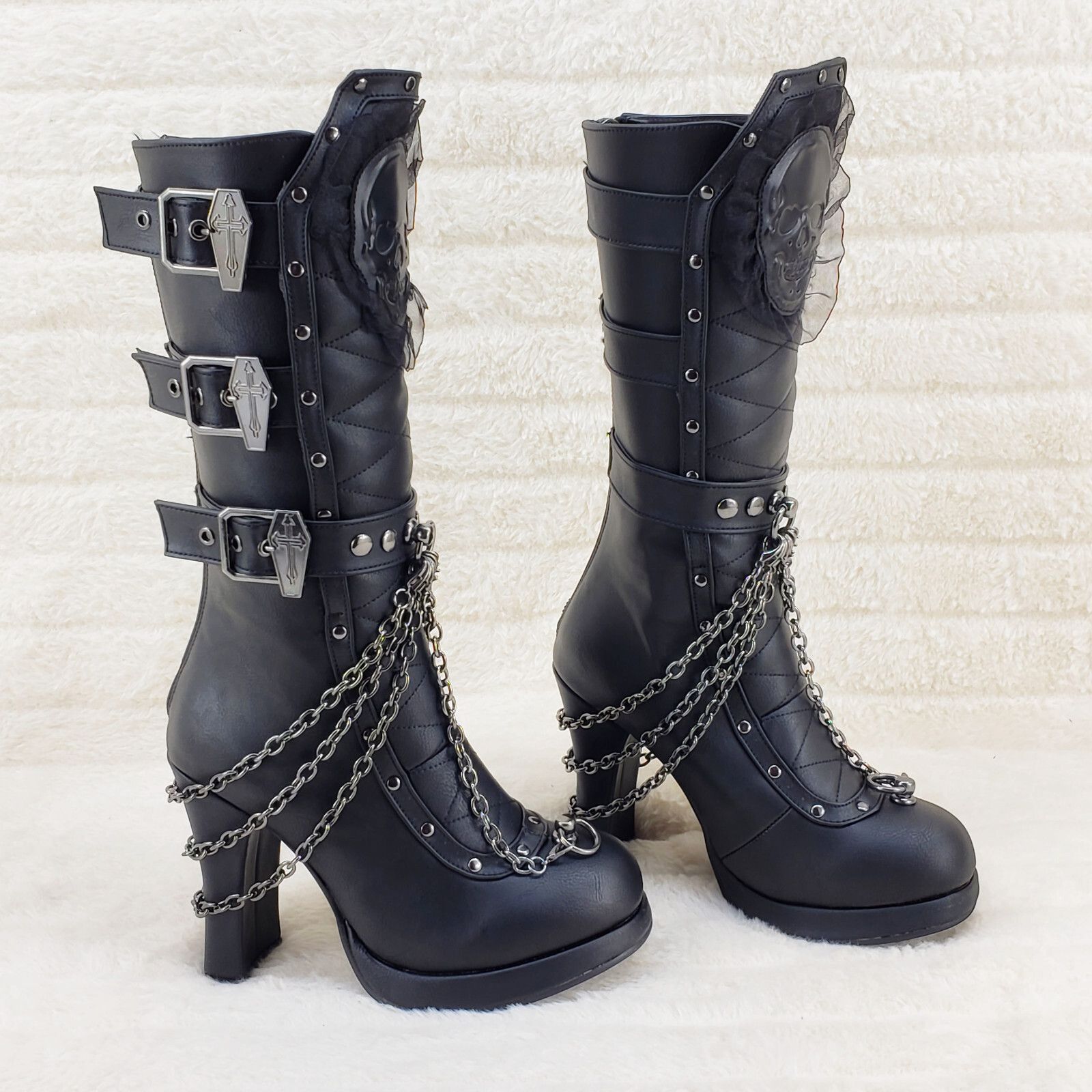 Other Crypto 67 Coffin Skull & Chain Black Mid Calf Platform Heel Size US 8 / IT 38 - 2 Thumbnail