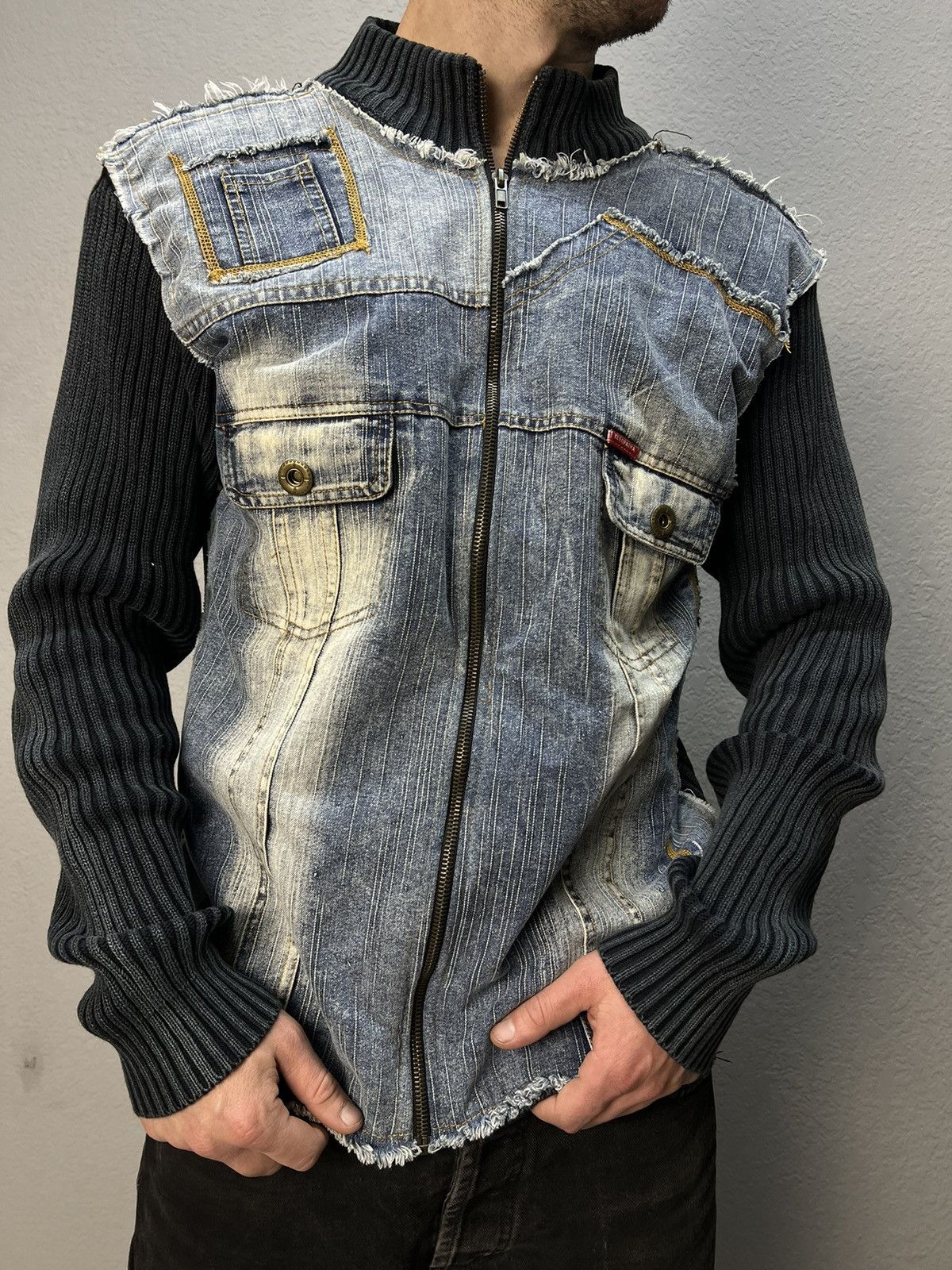 Diesel 00s ARCHIVE DIESEL STRIPPED BOMBER denim JACKET DISTRESSED 