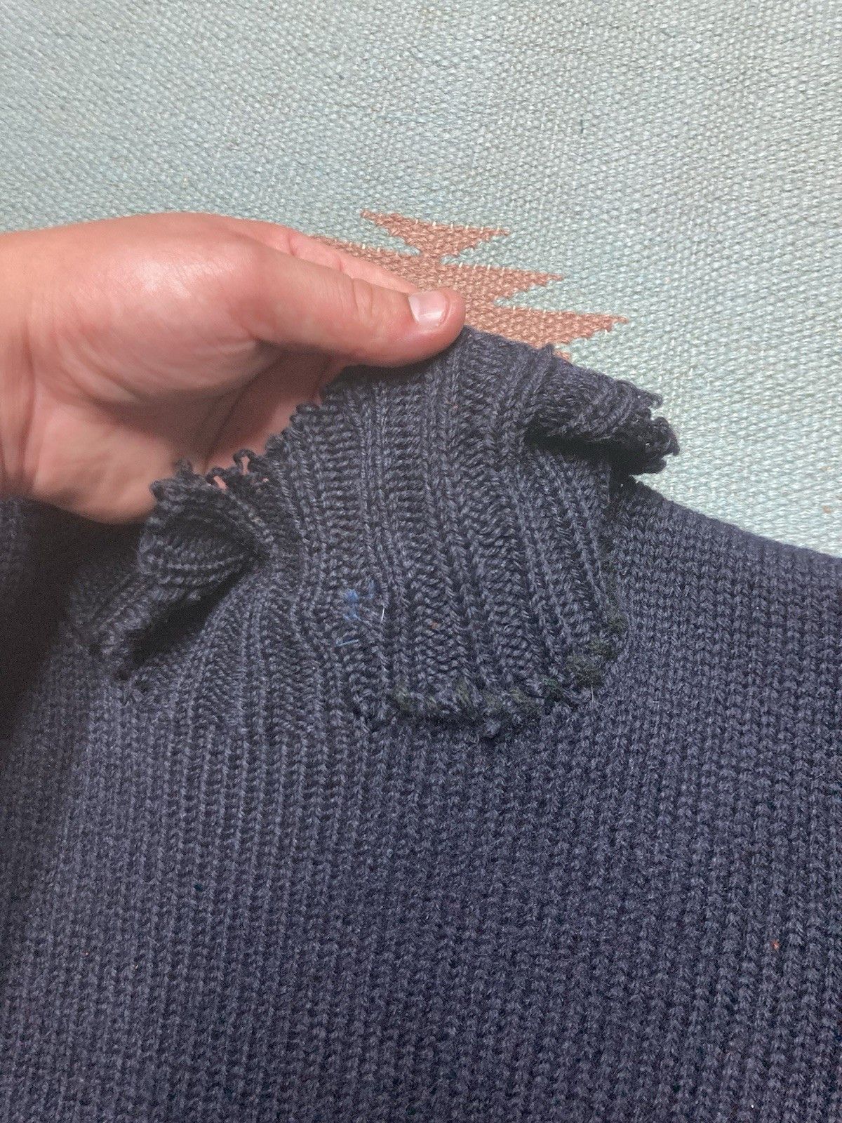 Vintage 1950s wool knit sweater navy blue distressed repaired medium Size US M / EU 48-50 / 2 - 7 Thumbnail