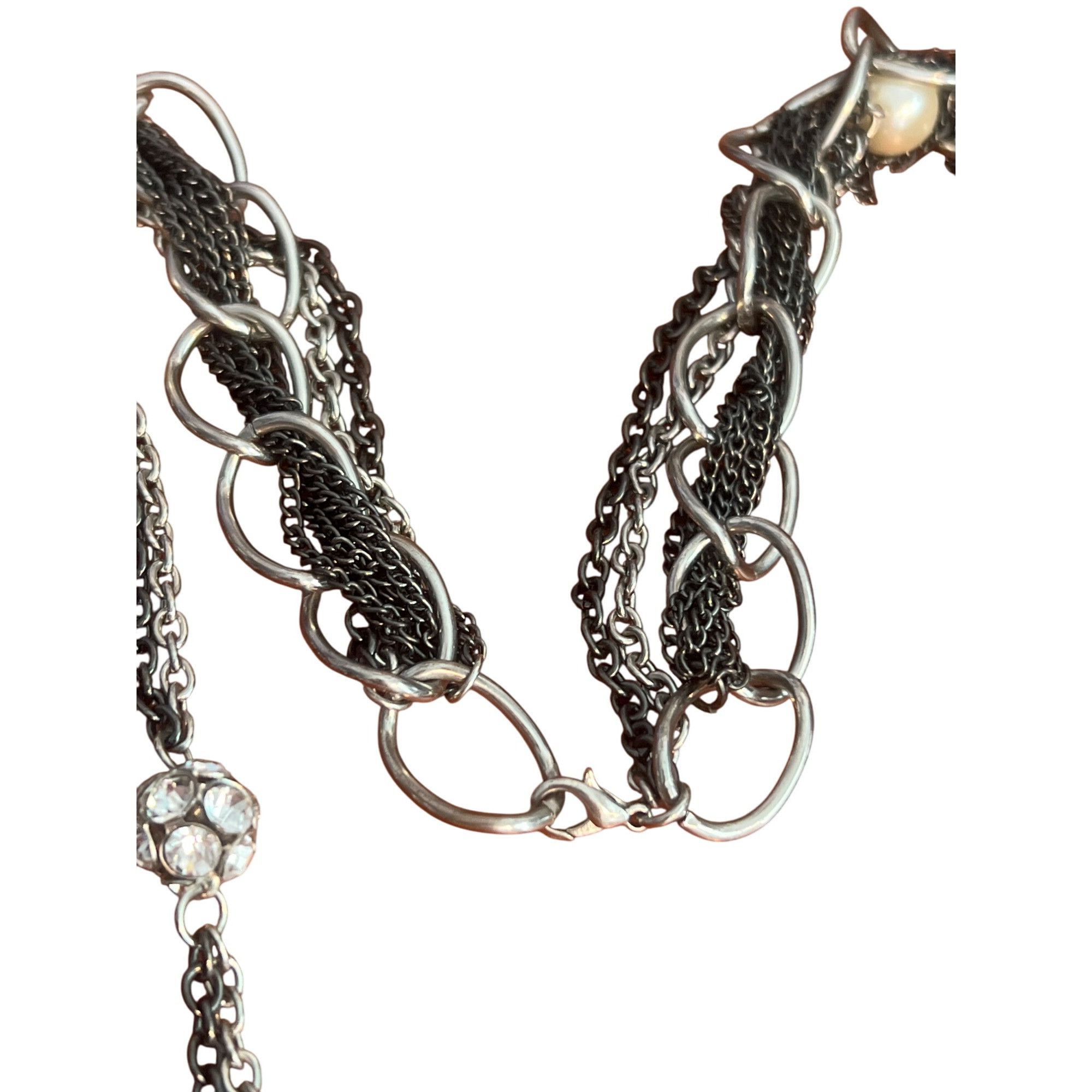 Other Layered Black Silver Tone Chain Necklace Faux Pearls Rhinest Size ONE SIZE - 4 Thumbnail