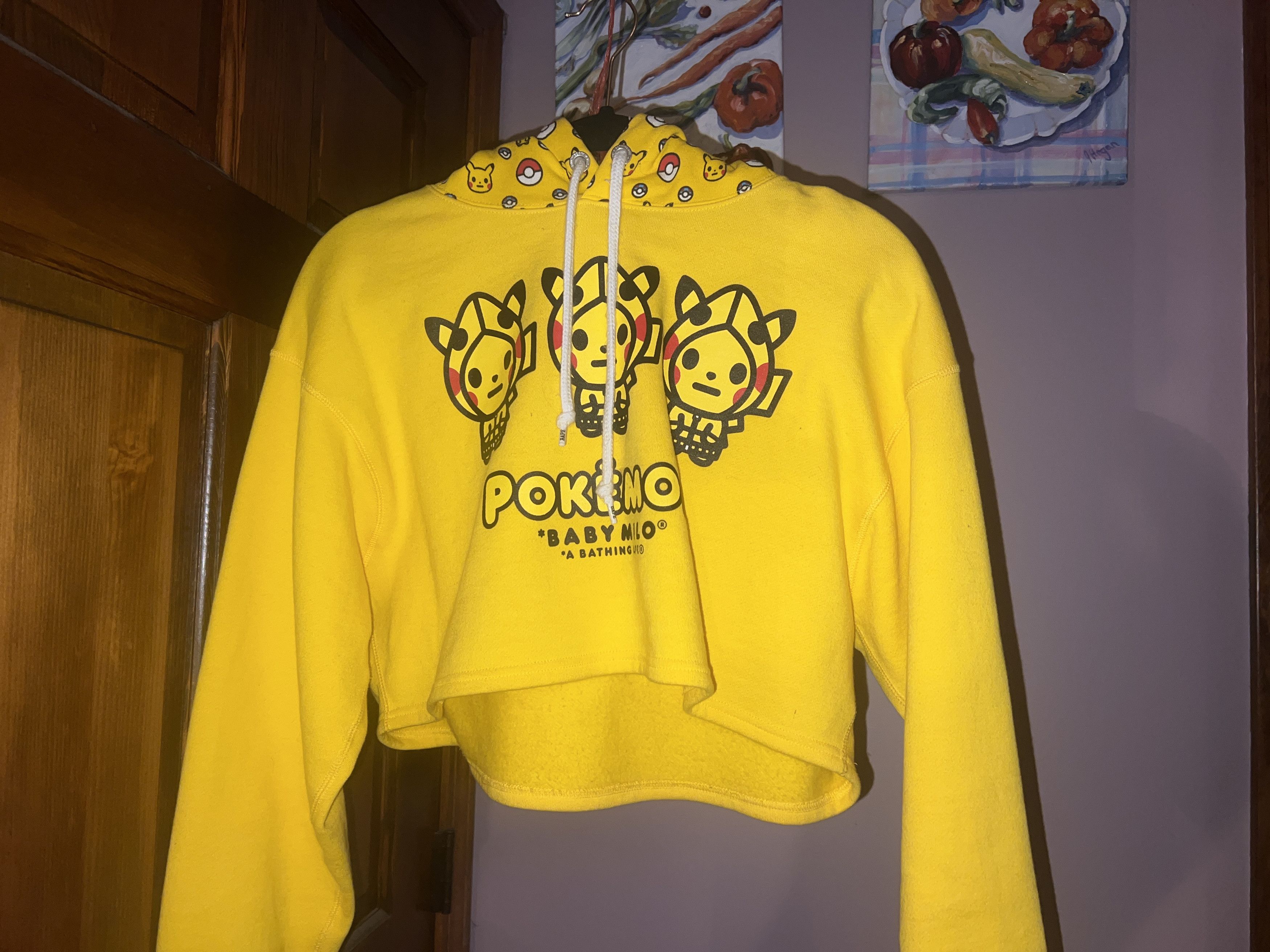 Image of Bape X Pokemon Pikachu Baby Milo Cropped Hoodie in Yellow, Women's