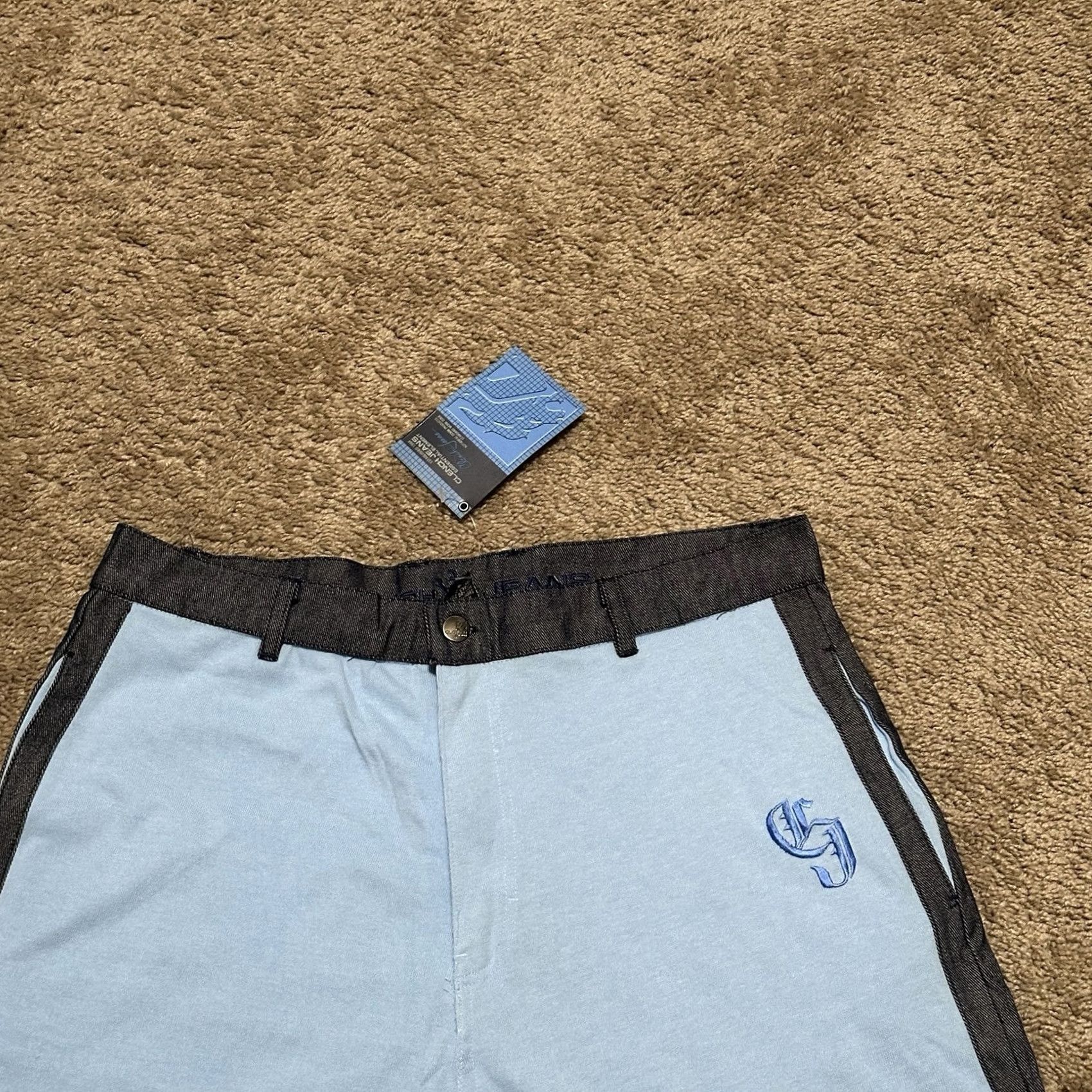 Vintage VINTAGE Clench Jeans Shorts Mens Large Wide Leg Baggy Blue Grunge Hip Hop 34 in Embroidered Logo Pockets Button Front Regular Cotton Blend Fleece Size US 33 - 2 Thumbnail