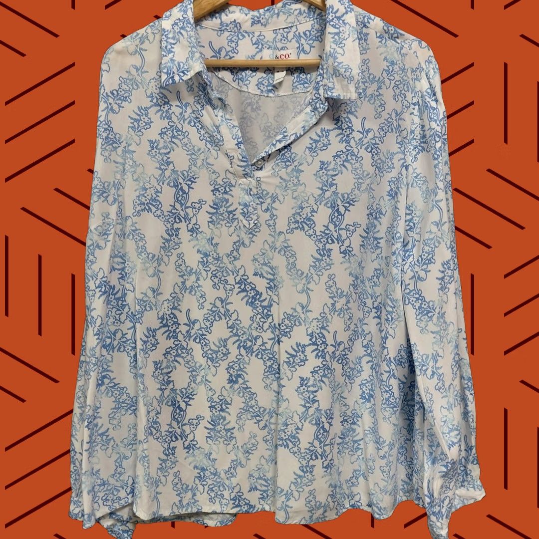 Vintage d&co Denim Blue Floral Blouse Long Sleeve Collared Women Size XL Size XL / US 12-14 / IT 48-50 - 1 Thumbnail