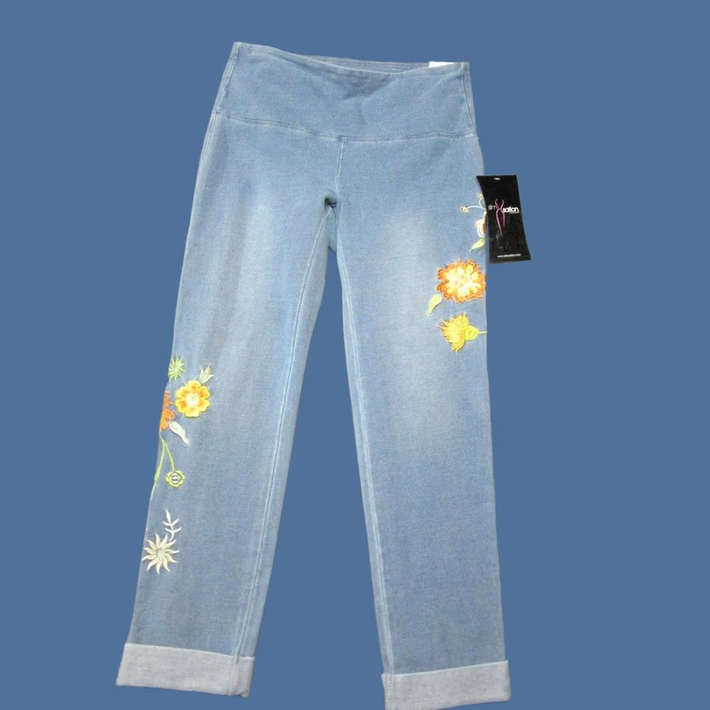 Vintage Slim-Sation Womens XS Pull-On Leggings Floral Embroidered Light Blue Knit Denim-Style Shaping Slimming Tummy Control Casual Size 26" / US 2 / IT 38 - 1 Thumbnail