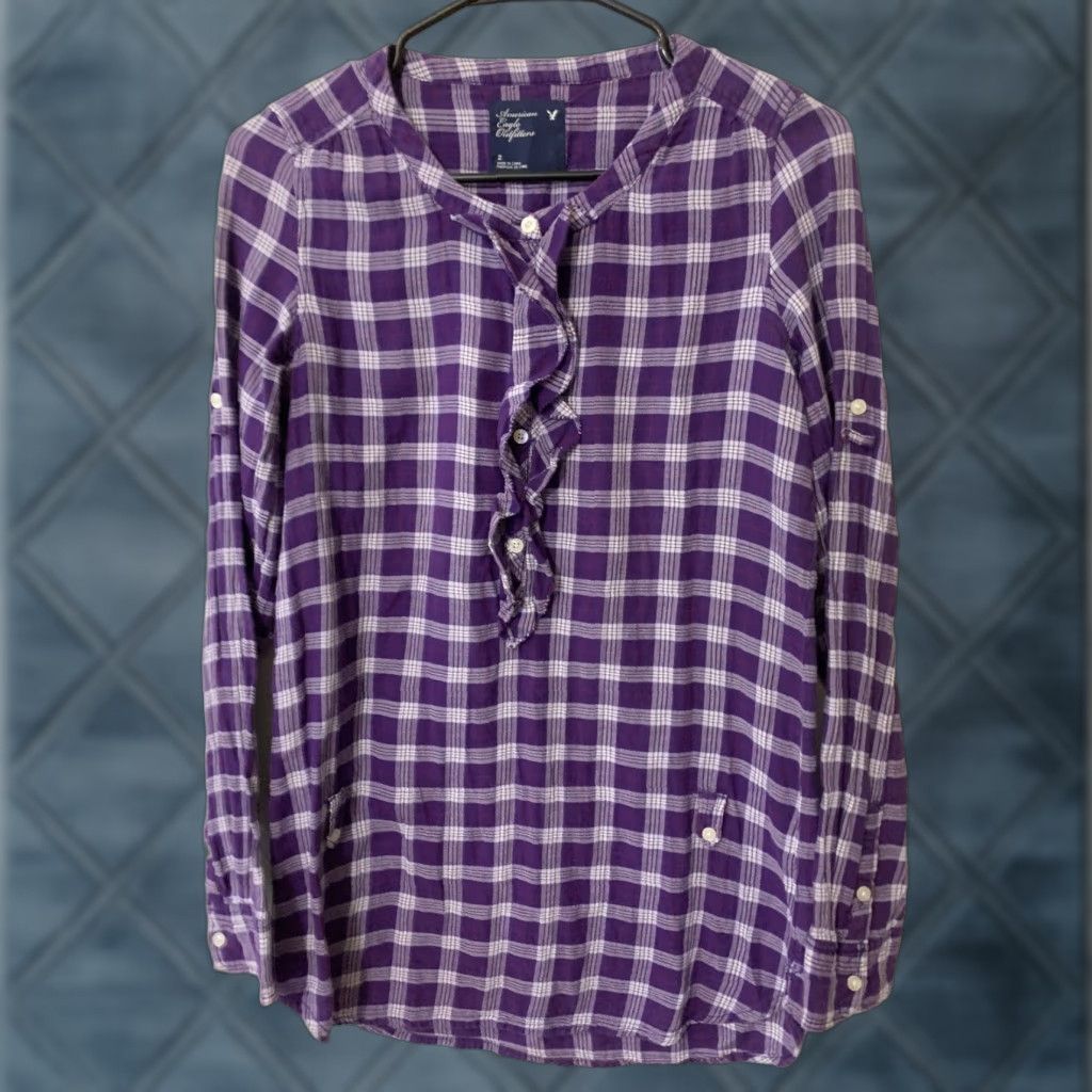American Eagle Outfitters American Eagle Women's Plaid Blouse Size 2 Purple White 1/2 Button Long Sleeve Classic Fit Size XS / US 0-2 / IT 36-38 - 1 Thumbnail