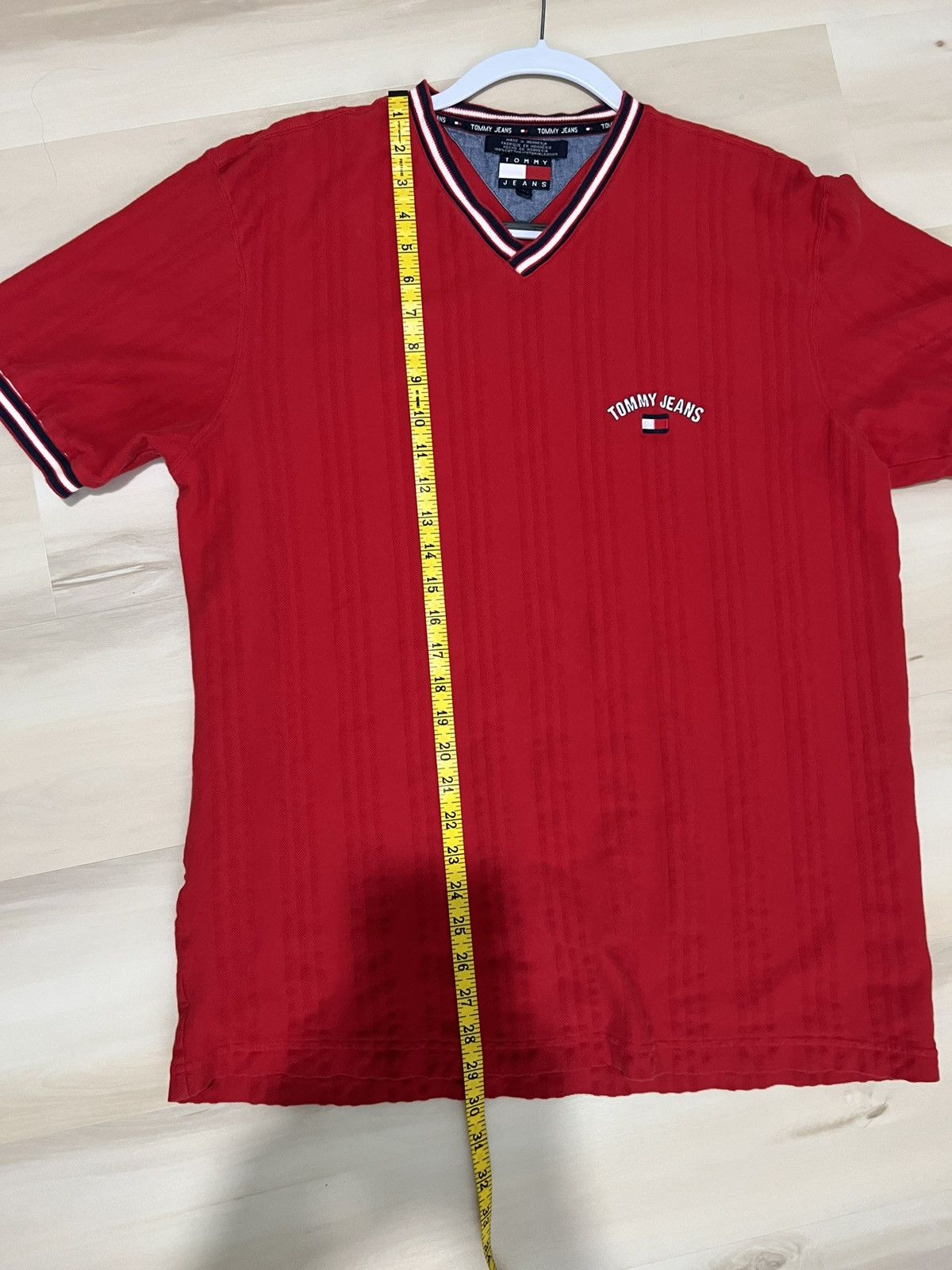 Tommy Hilfiger × Tommy Jeans × Vintage VTG 90s Tommy Hilfiger Ringer V-Neck T-Shirt Red Tommy Jeans Size US L / EU 52-54 / 3 - 8 Thumbnail