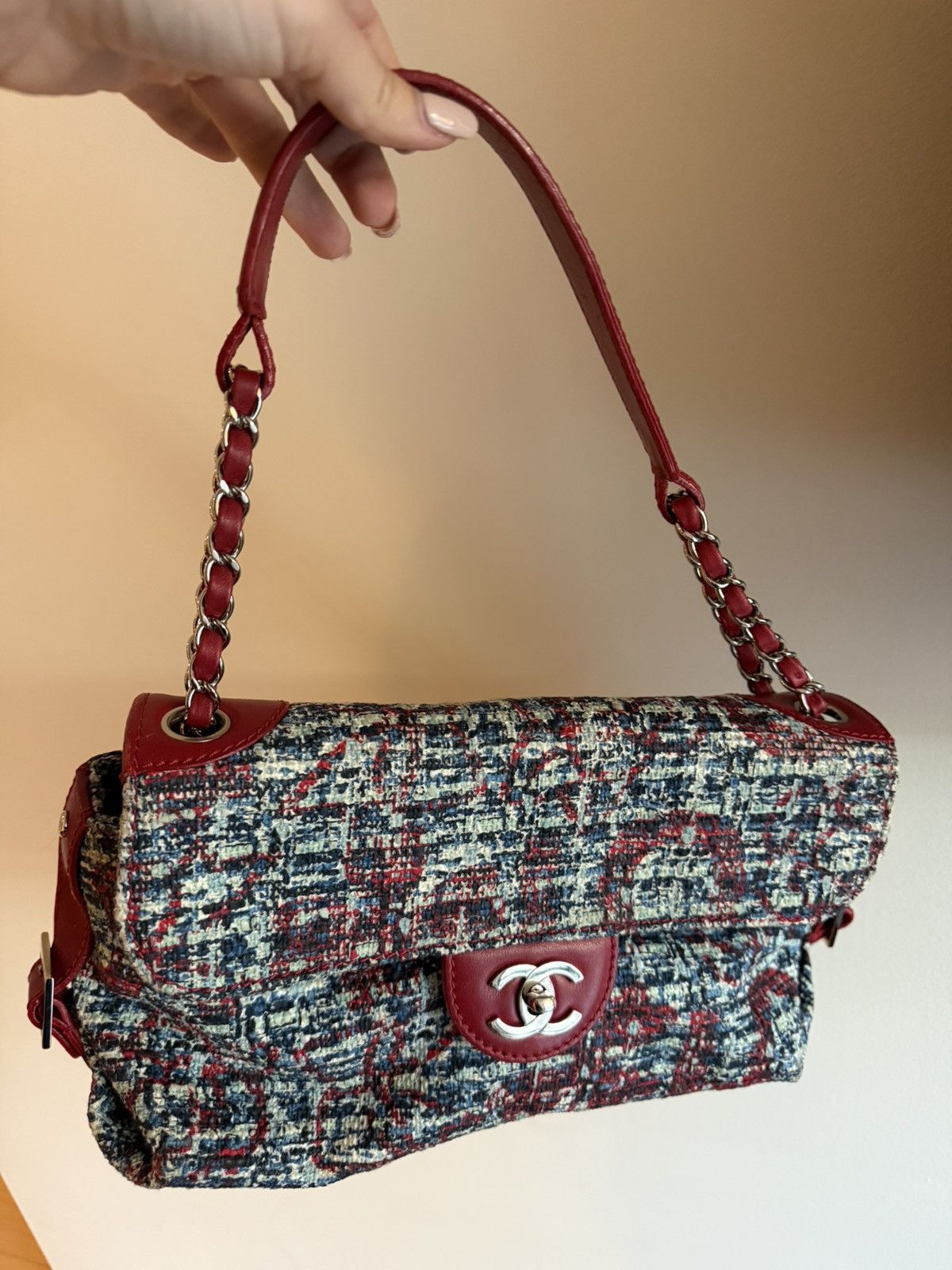 Chanel Vintage Tweed Red Leather CC Shoulder Bag Chain Flap