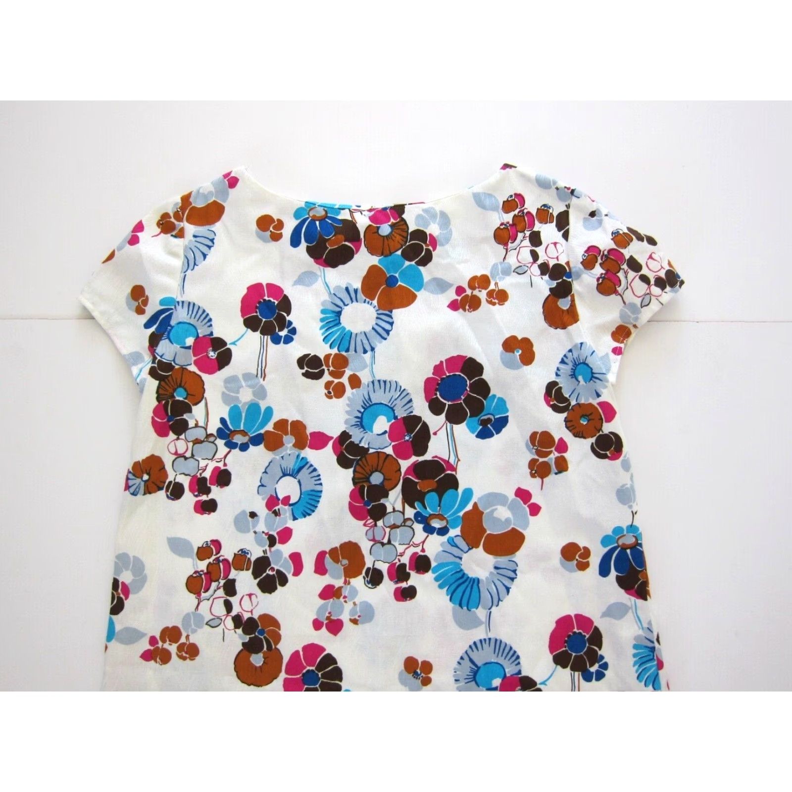 Pinko VINTAGE Handmade White Pink Blue Floral Short Sleeve Sheath Shift Tunic Dress L Size 36" / US 14 / IT 50 - 5 Thumbnail