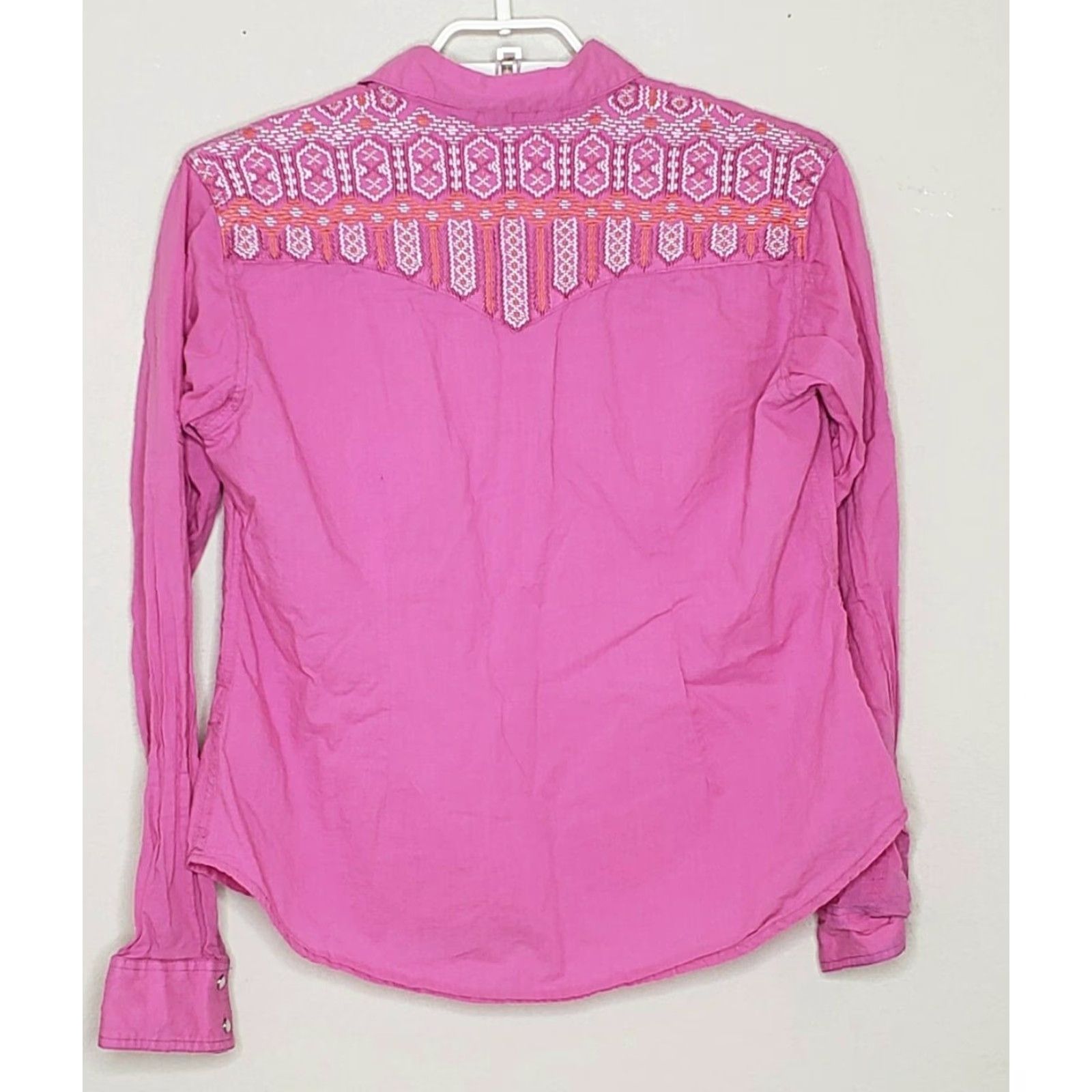 Vintage Panhandle Womens Western Pearl Snap Top L/S Pink V-Neck Collared Cotton Blend Embroidered Size L / US 10 / IT 46 - 2 Thumbnail