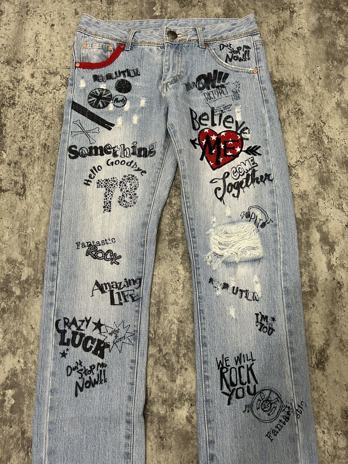 Japanese Brand × Undercover Pink Latte Believe Me Embroidered Distresse Jeans Size US 31 - 3 Thumbnail