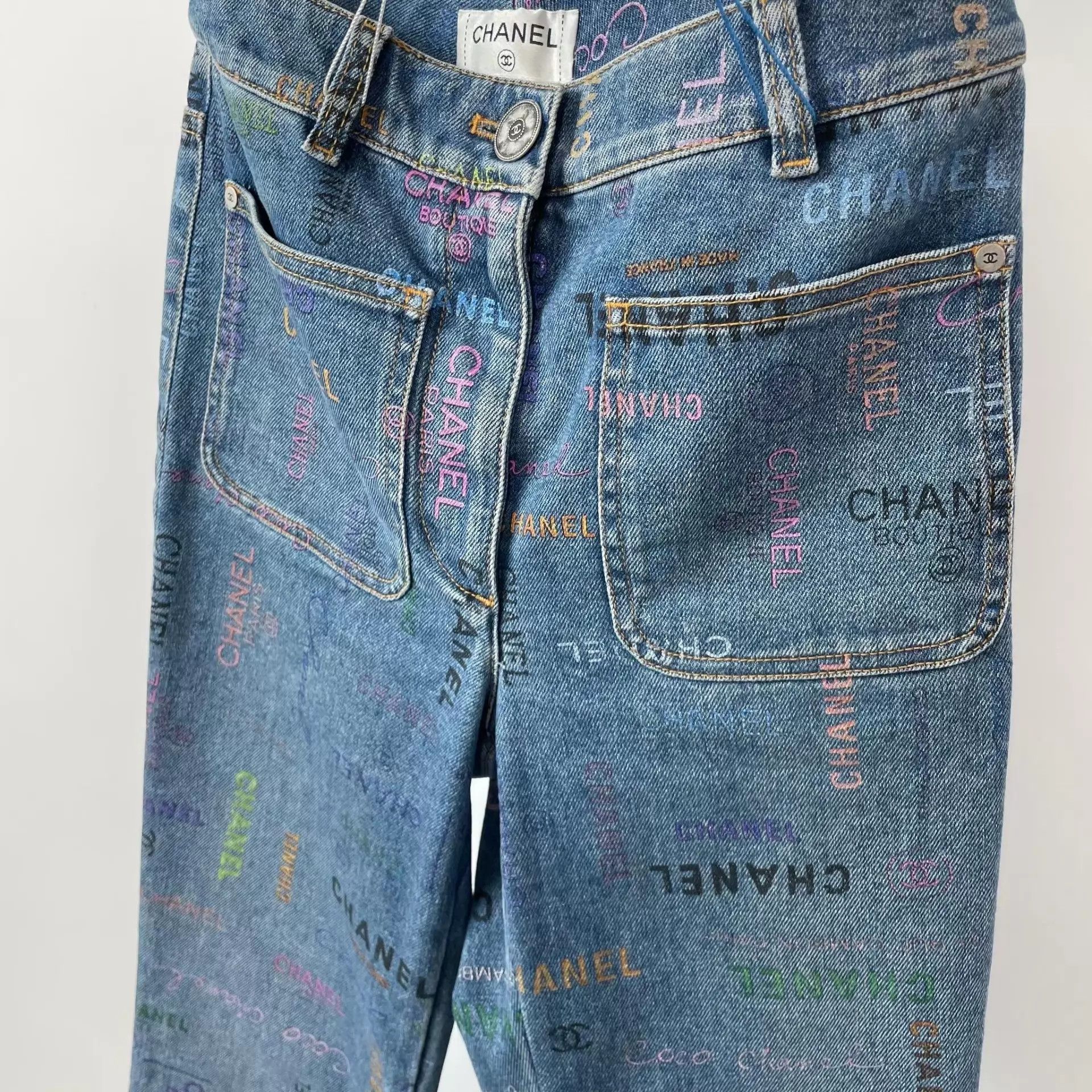 Chanel CHANEL Denim Blue Printed Logo Jacket Size 25" / US 0 / IT 36 - 9 Thumbnail