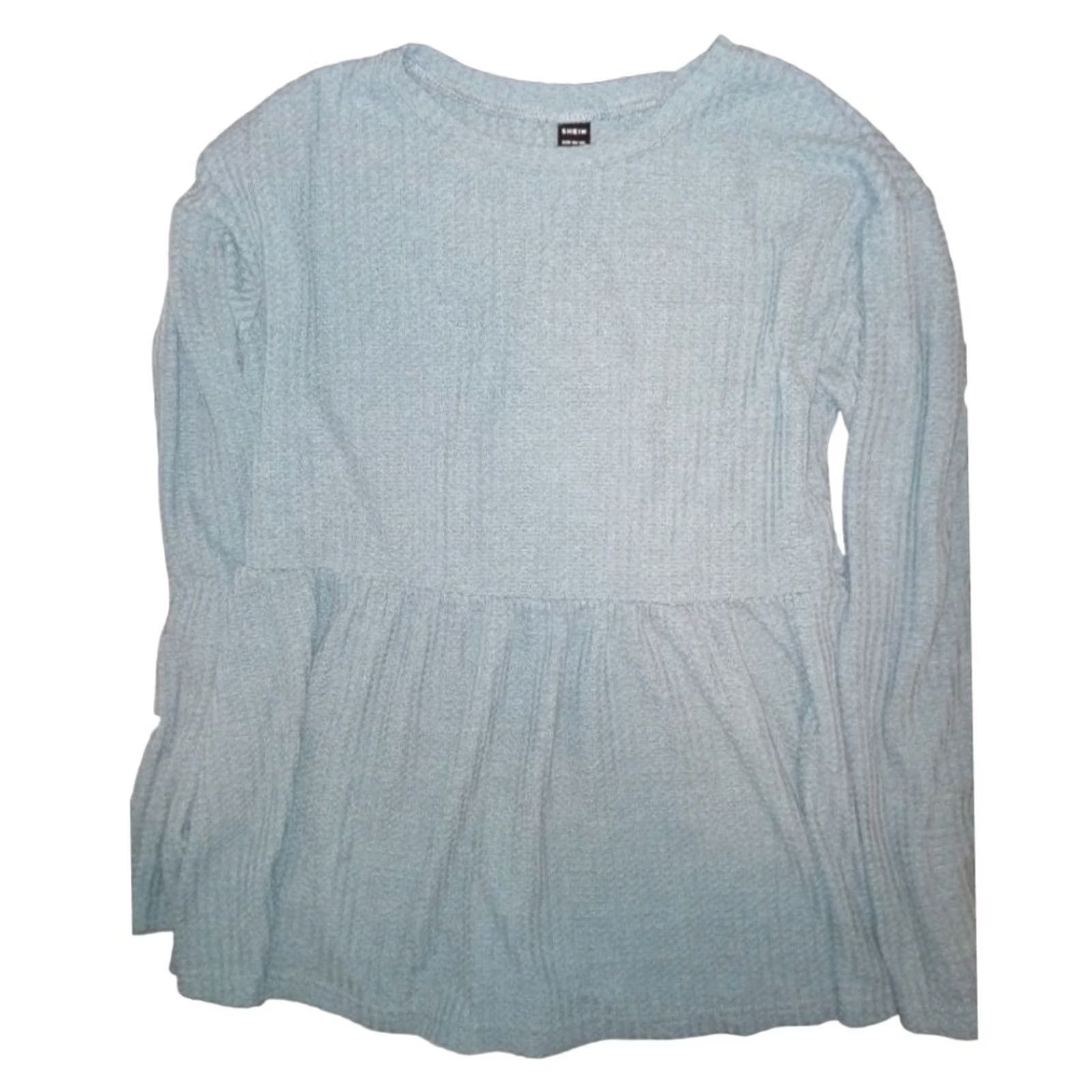 Shein SHEIN Waffle Knit Long Sleeve LARGE Blouse Women Blue Round Neck Cropped Knit Shirt L Size L / US 10 / IT 46 - 4 Thumbnail