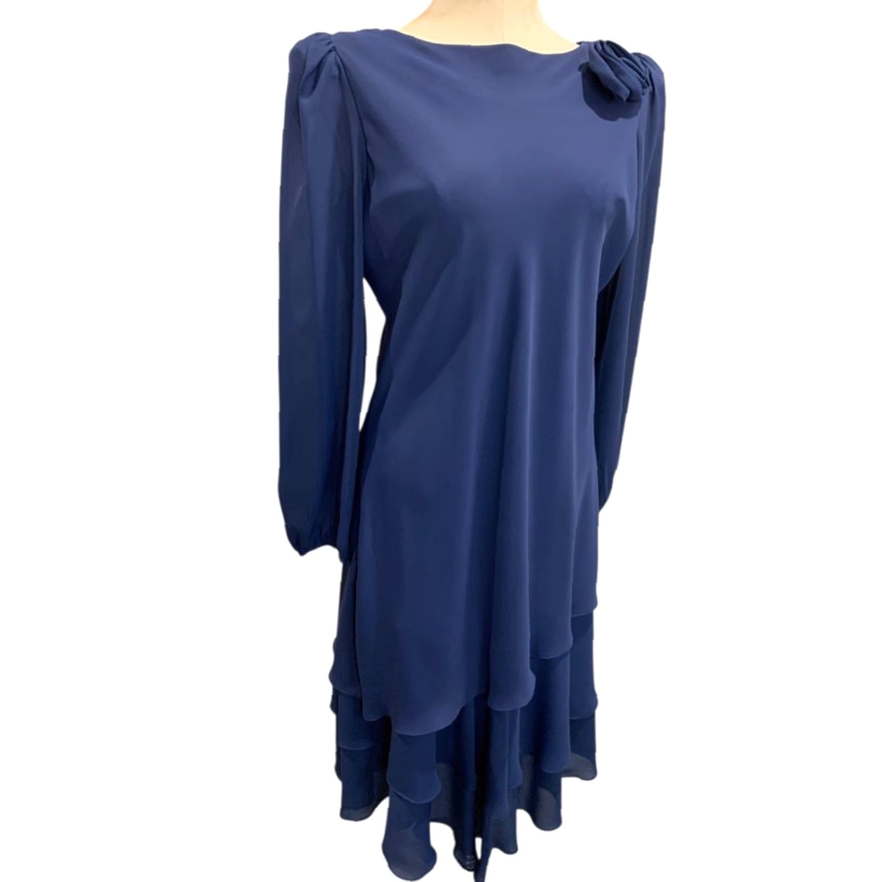 Vintage VINTAGE After Dark Navy Blue Dress Shoulder Pads Rosette Medium M Women Dress Long Blue Rosette 44" Shoulder to Hem Mens? Women? Size M / US 6-8 / IT 42-44 - 2 Thumbnail