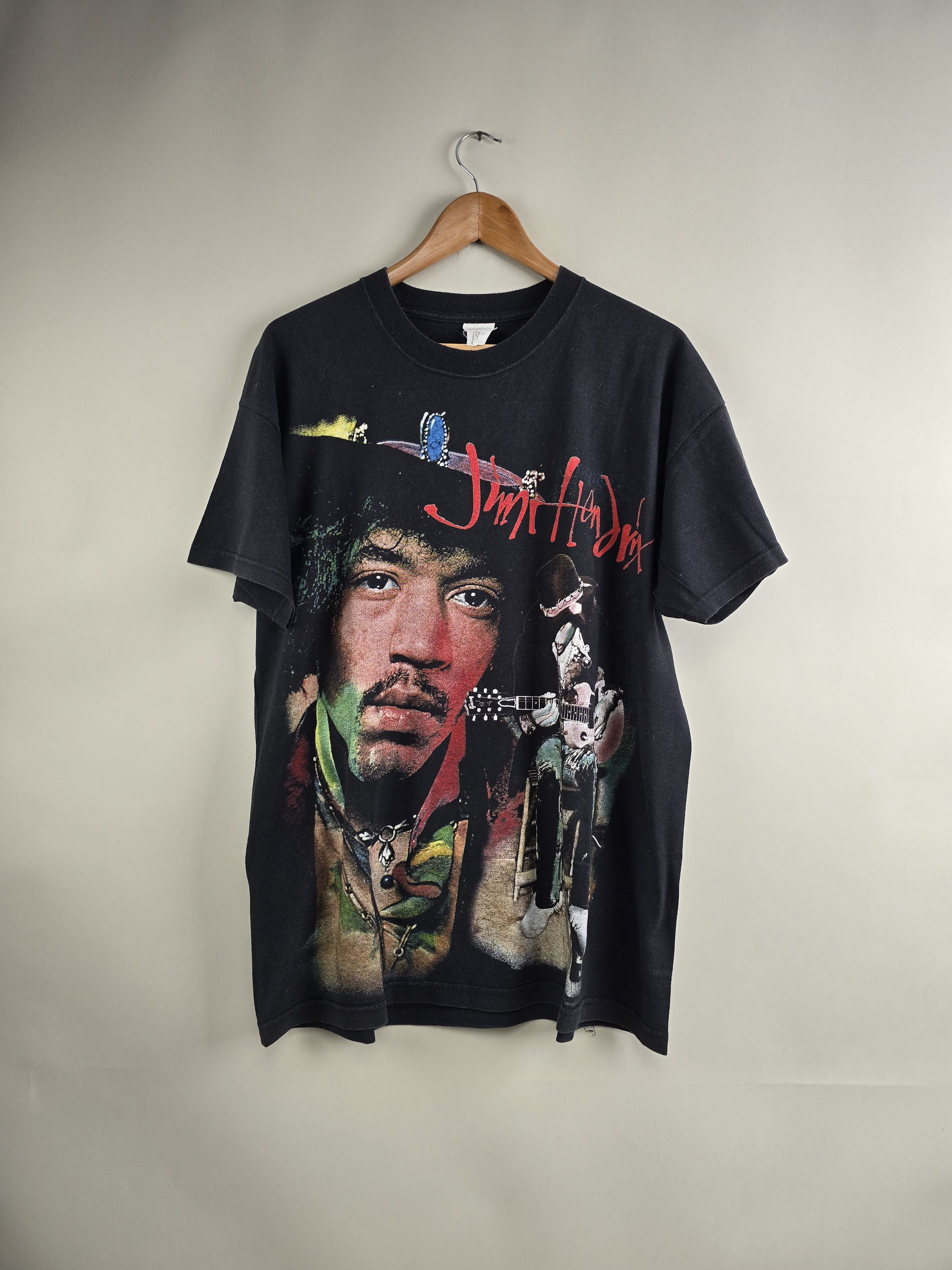 image of Band Tees x Jimi Hendrix 90's Jimi Hendrix Full Print Bootleg XL 23" 29.5" in Black, Men's