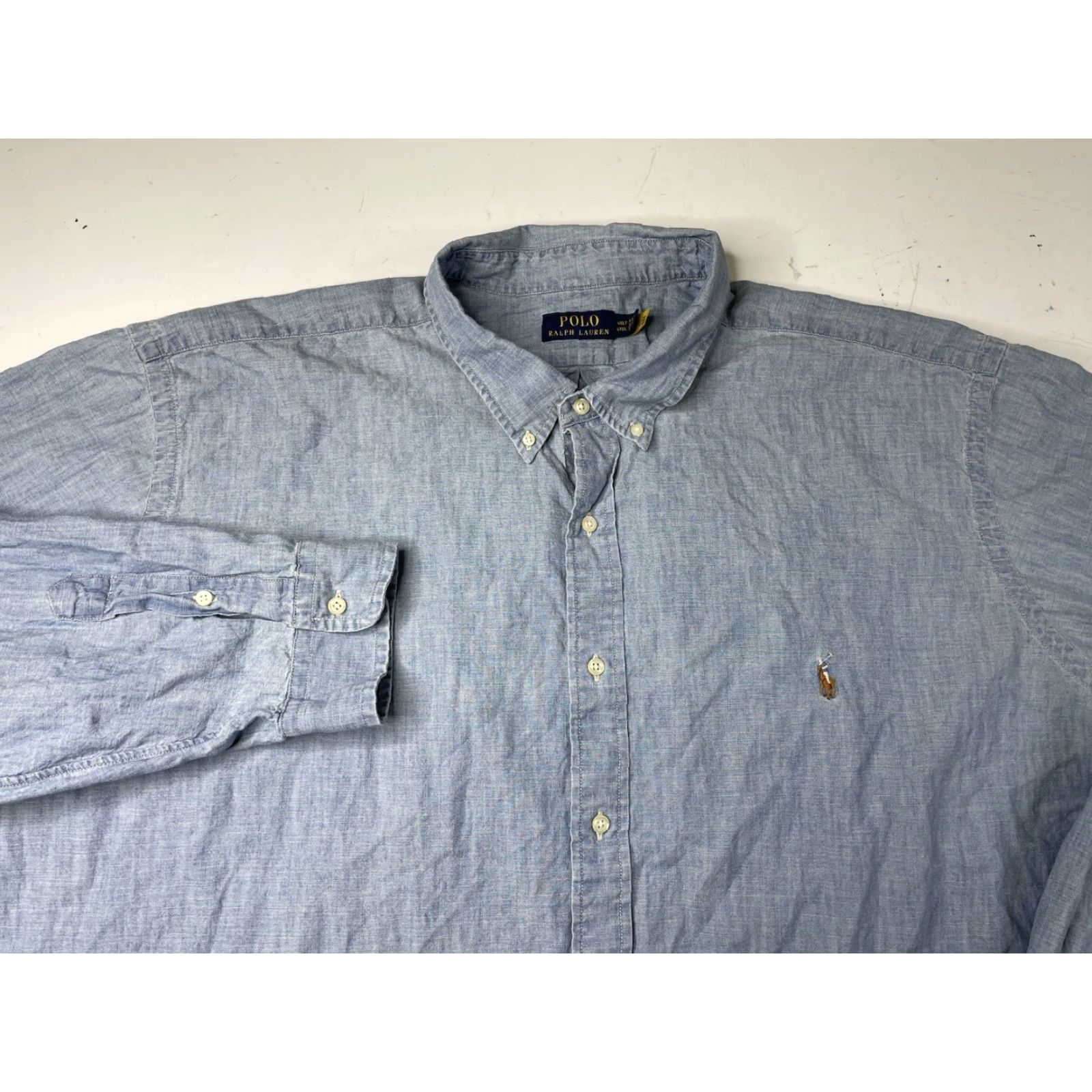 Ralph Lauren VINTAGE Ralph Lauren Polo Shirt Mens 4XLT Big & Tall Chambray Denim Button-Down Long Sleeve Blue Cotton Clothing Shirt Size US XXL / EU 58 / 5 - 2 Thumbnail