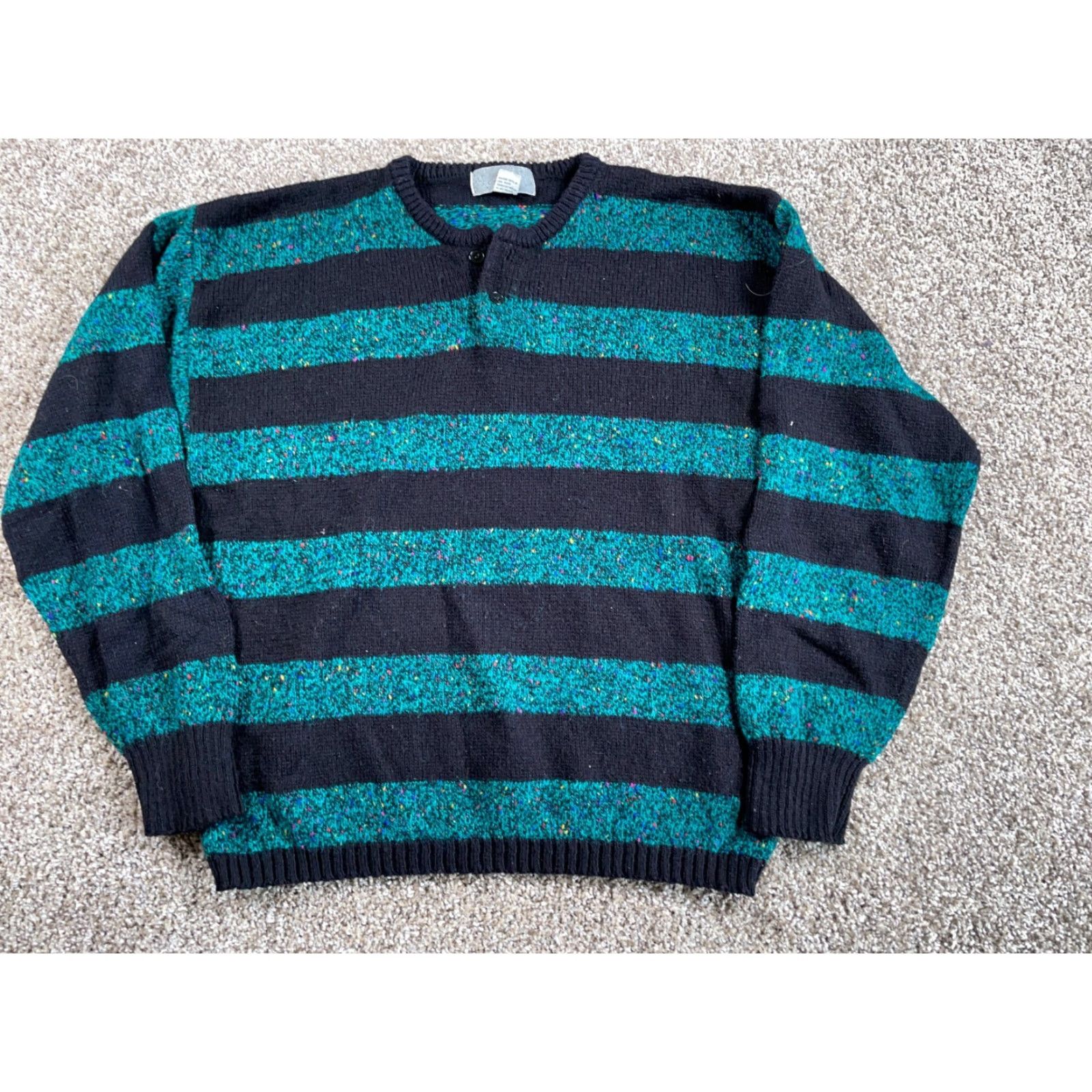 Vintage VINTAGE Chris Sport Wool Blend Chunky-Knit Henley Sweater Adult Large Green Black Striped 90s Mens Size US L / EU 52-54 / 3 - 2 Thumbnail