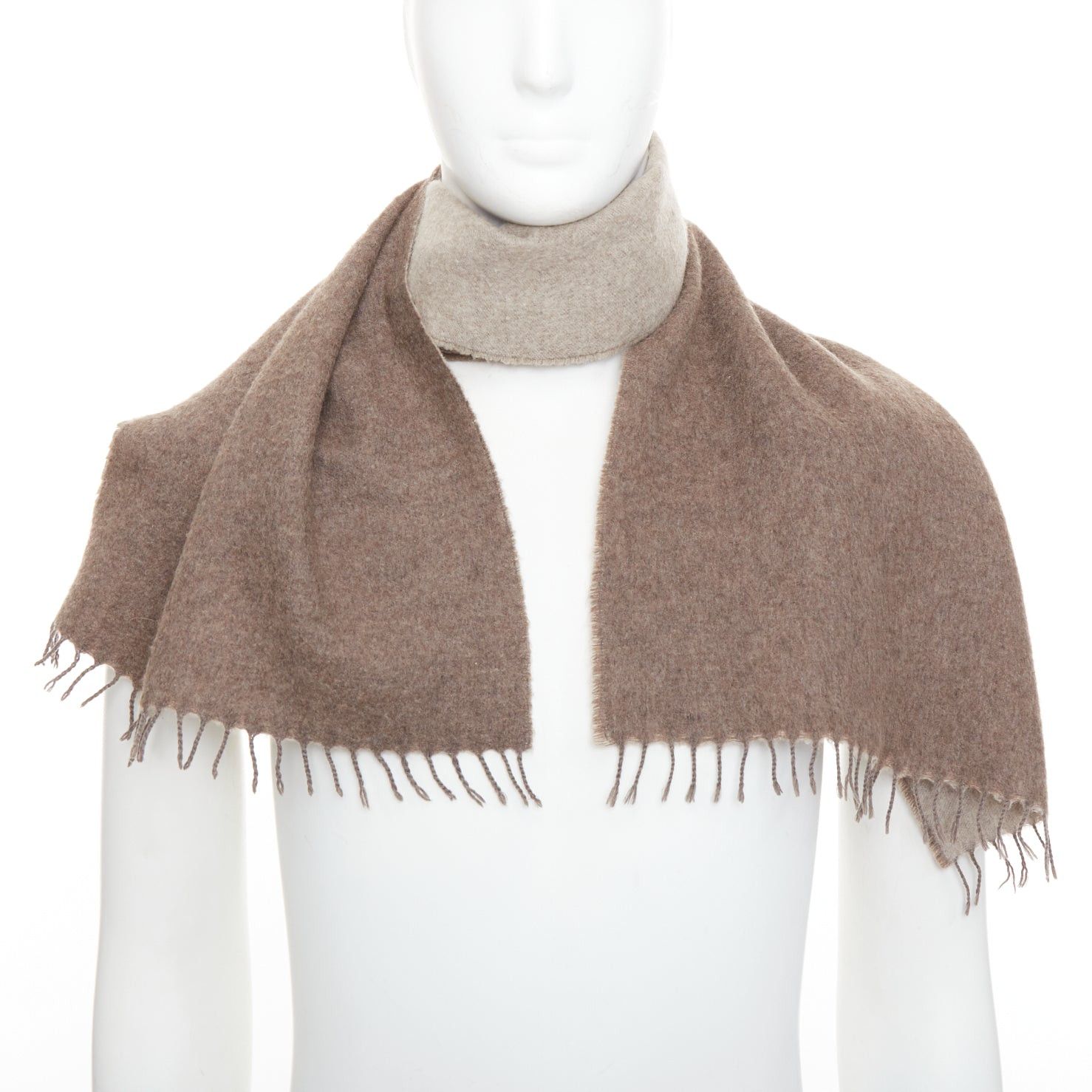 Hermes HERMES taupe brown cashmere wool reversible fringed long scarf Size ONE SIZE - 1 Thumbnail