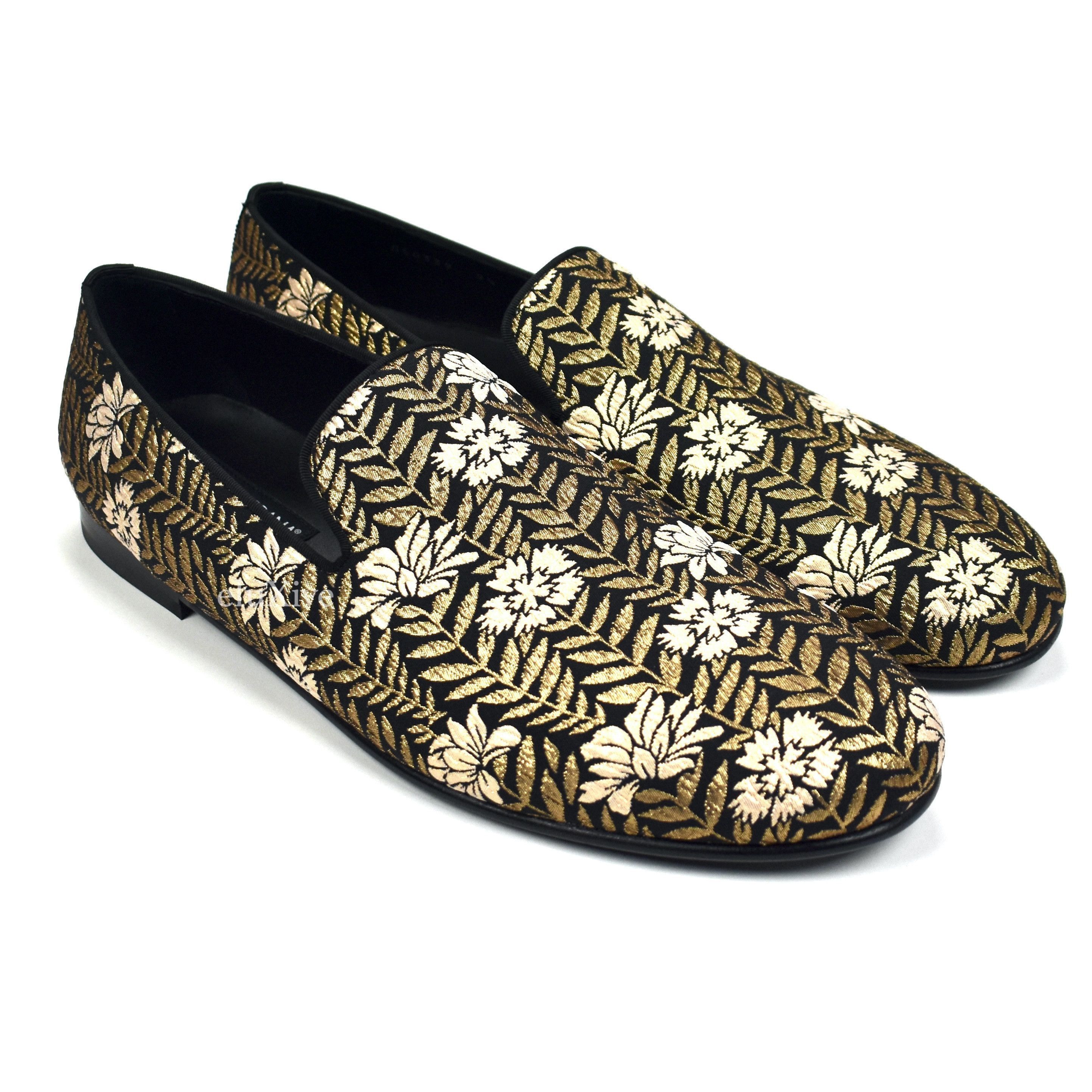 Dolce & Gabbana $1.3k Black Gold Floral Woven Smoking Slippers Loafers NWT Size US 10.5 / EU 43-44 - 1 Preview