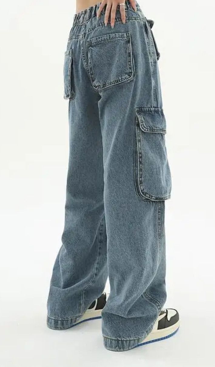 image of Designer Stretchy Oversize Cargo Denim Pant in Light Blue, Women's (Size 26)