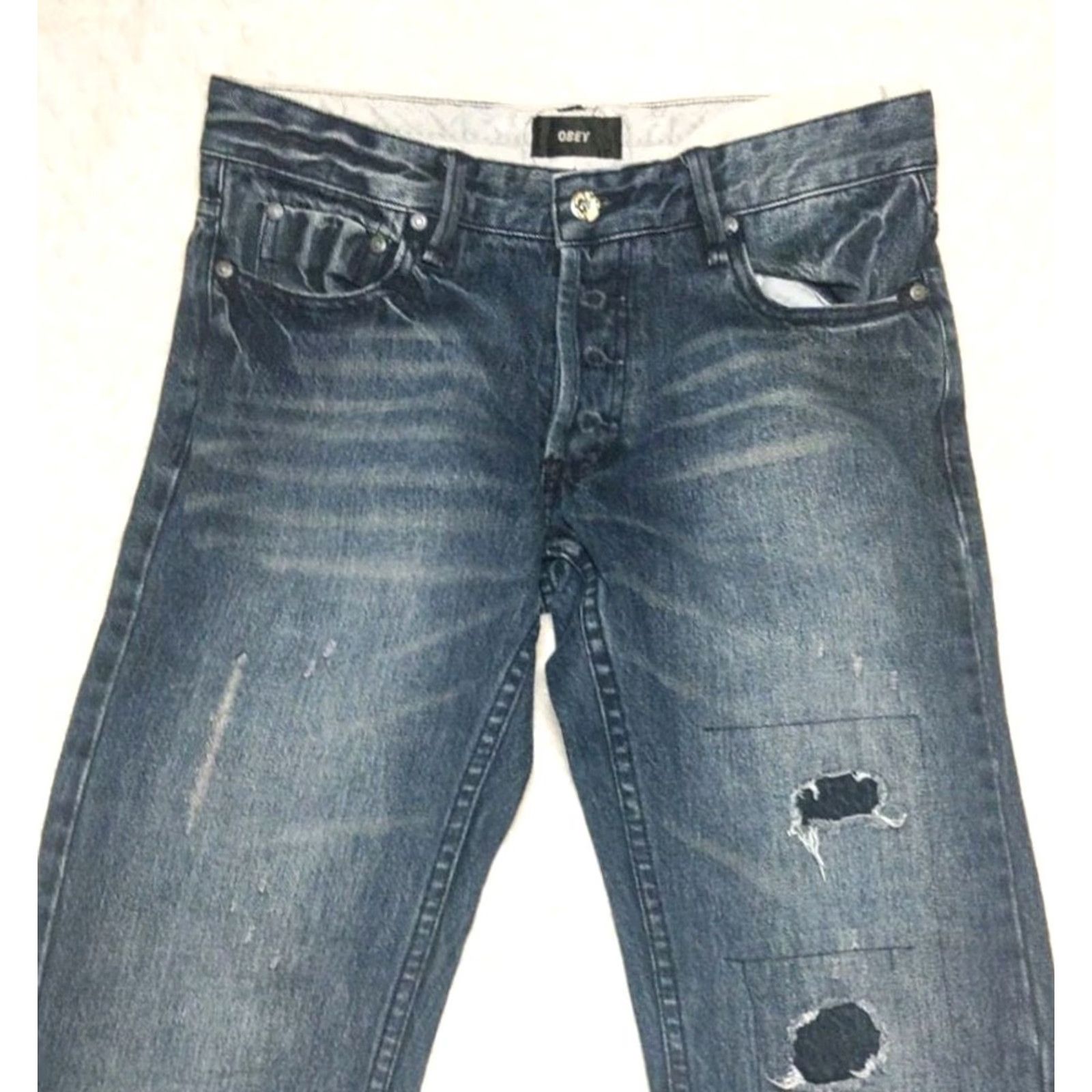 Obey OBEY Propaganda Jeans 28 30x32 Tight Straight Leg Distressed Denim Blue Women 90s Rise Mid 5-Pocket Jeans Size 28" / US 6 / IT 42 - 4 Thumbnail