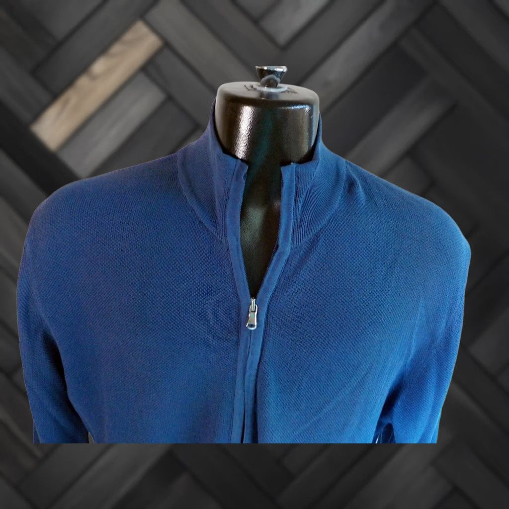 Vintage DAVID DAWAN Zipper Front Mens Cardigan Sweater Blue 100% Cotton XL Knit Mock Neck Ribbed Cuffs and Waistband Regular Size Size US XL / EU 56 / 4 - 1 Thumbnail