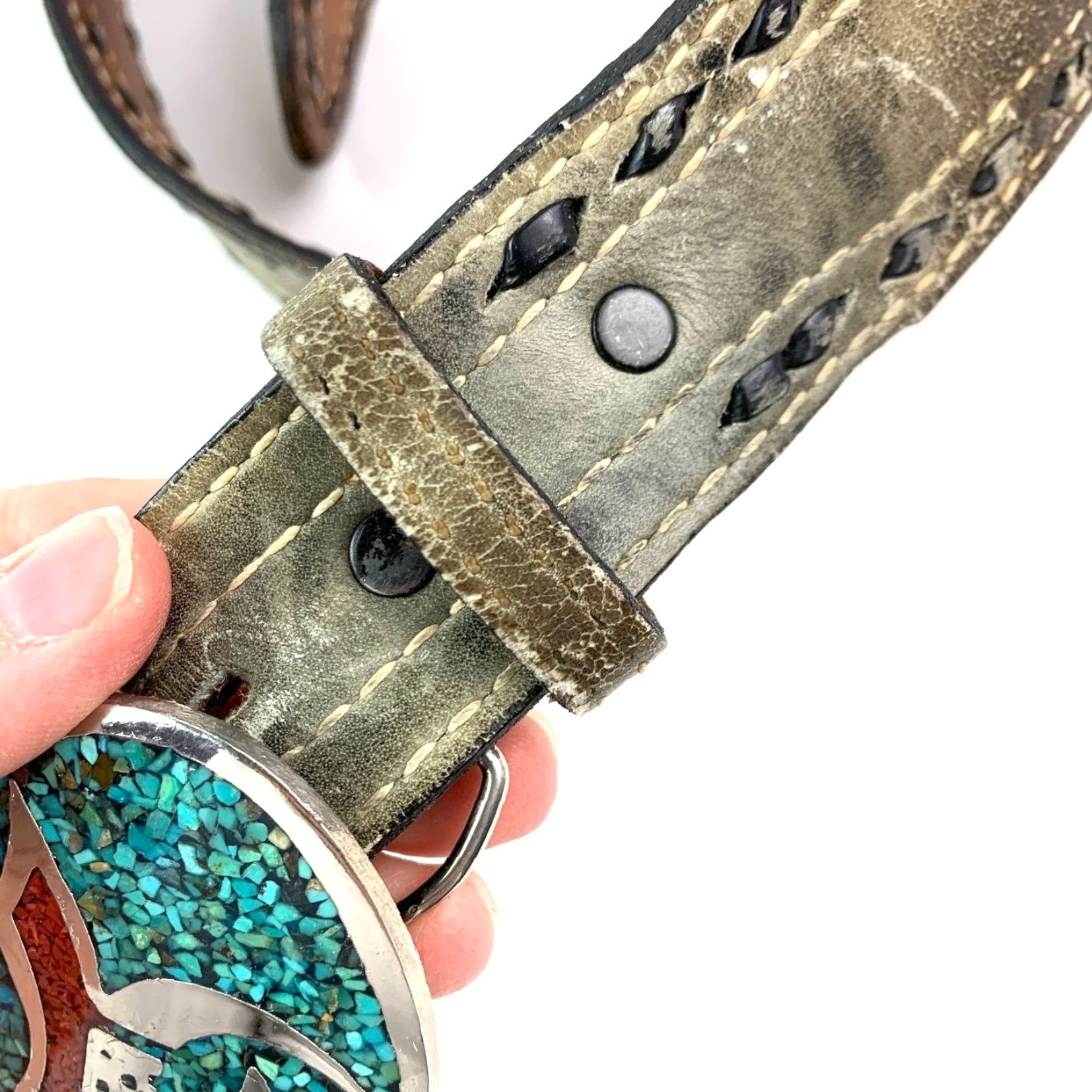 Vintage VINTAGE Nocona Mens Distressed Leather Belt Turquoise Inlay Buckle 36 Gray Inlay Shriners Buckle Size 36 - 6 Thumbnail