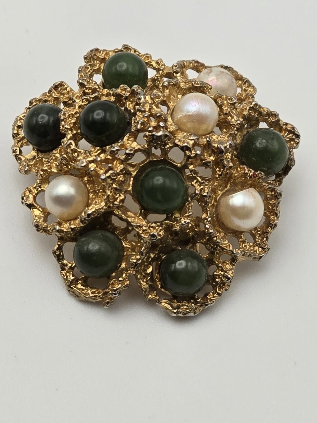 Homespun Knitwear HOBE Signed Modernist Filigree Faux Pearls Green Cabs Size ONE SIZE - 1 Thumbnail