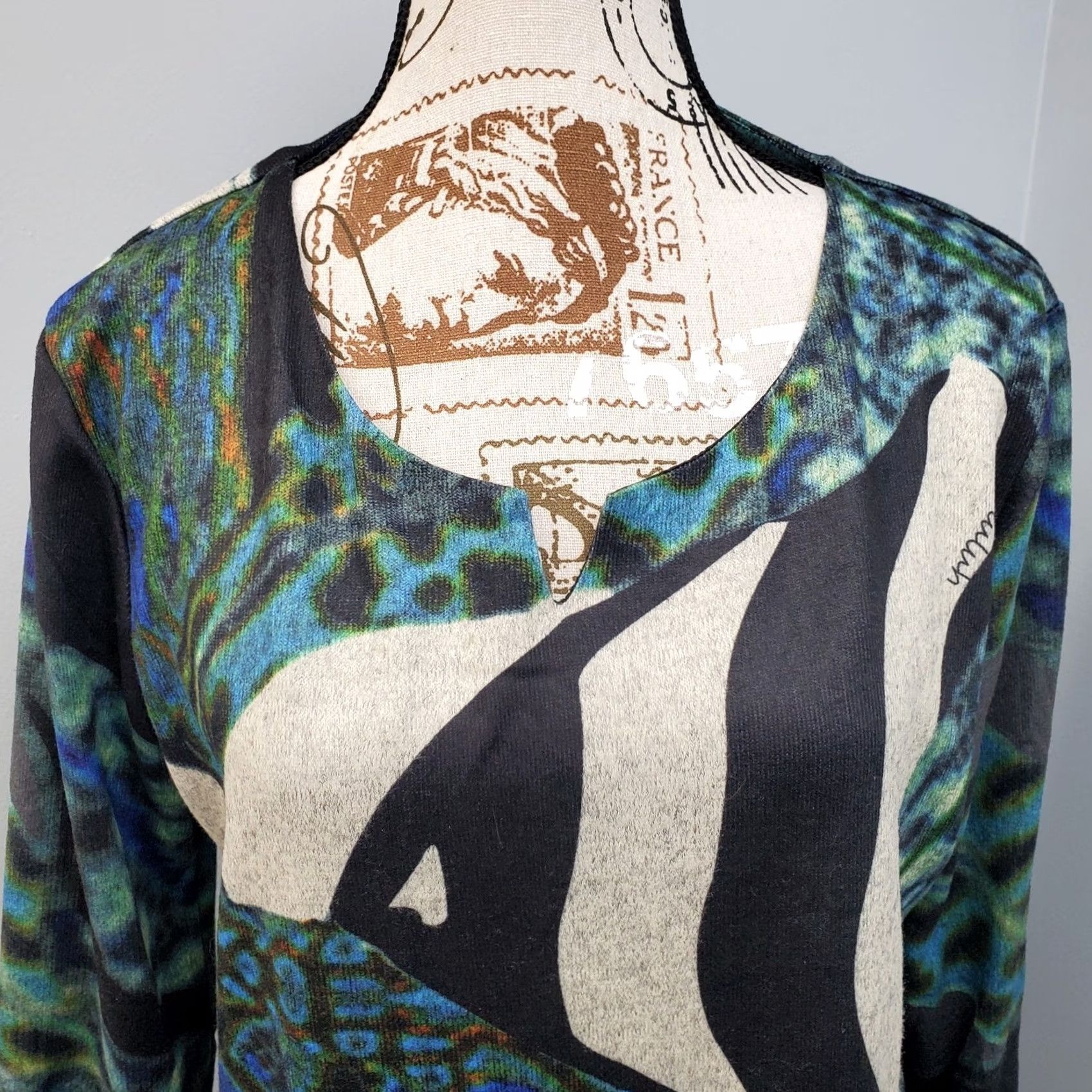 Vintage Simply Couture Sweater Dress - Womens M Multi Peacock Print Lined Cut V Round Neck Size M / US 6-8 / IT 42-44 - 6 Thumbnail