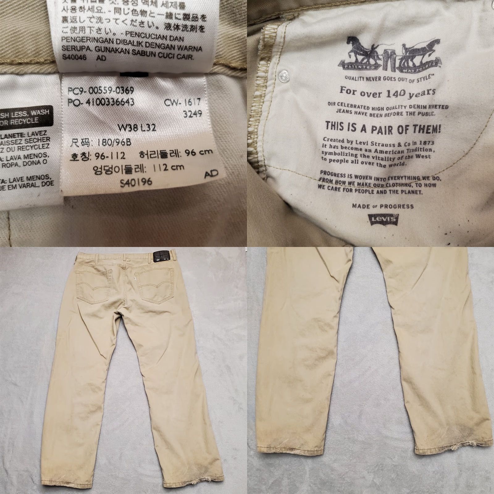Vintage Levis Pants Mens 34x32 Beige Khaki Chino White Tab Flat Front Casual Flaws 559 Size US 38 / EU 54 - 8 Thumbnail