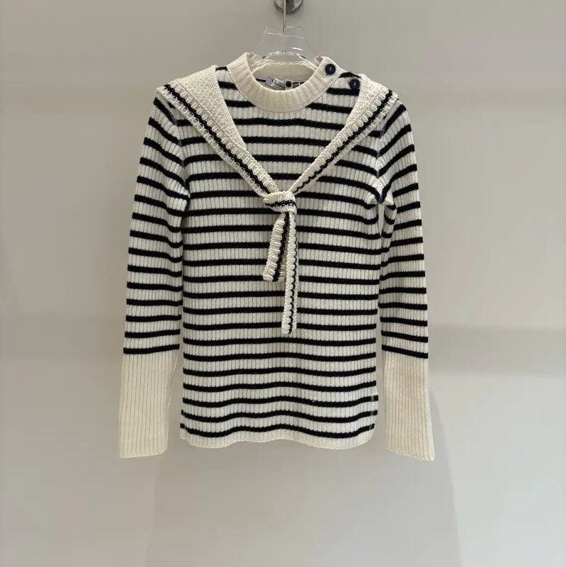 Dior Dior Winter White Striped Wool Sweater 0089 Size S / US 4 / IT 40 - 1 Thumbnail