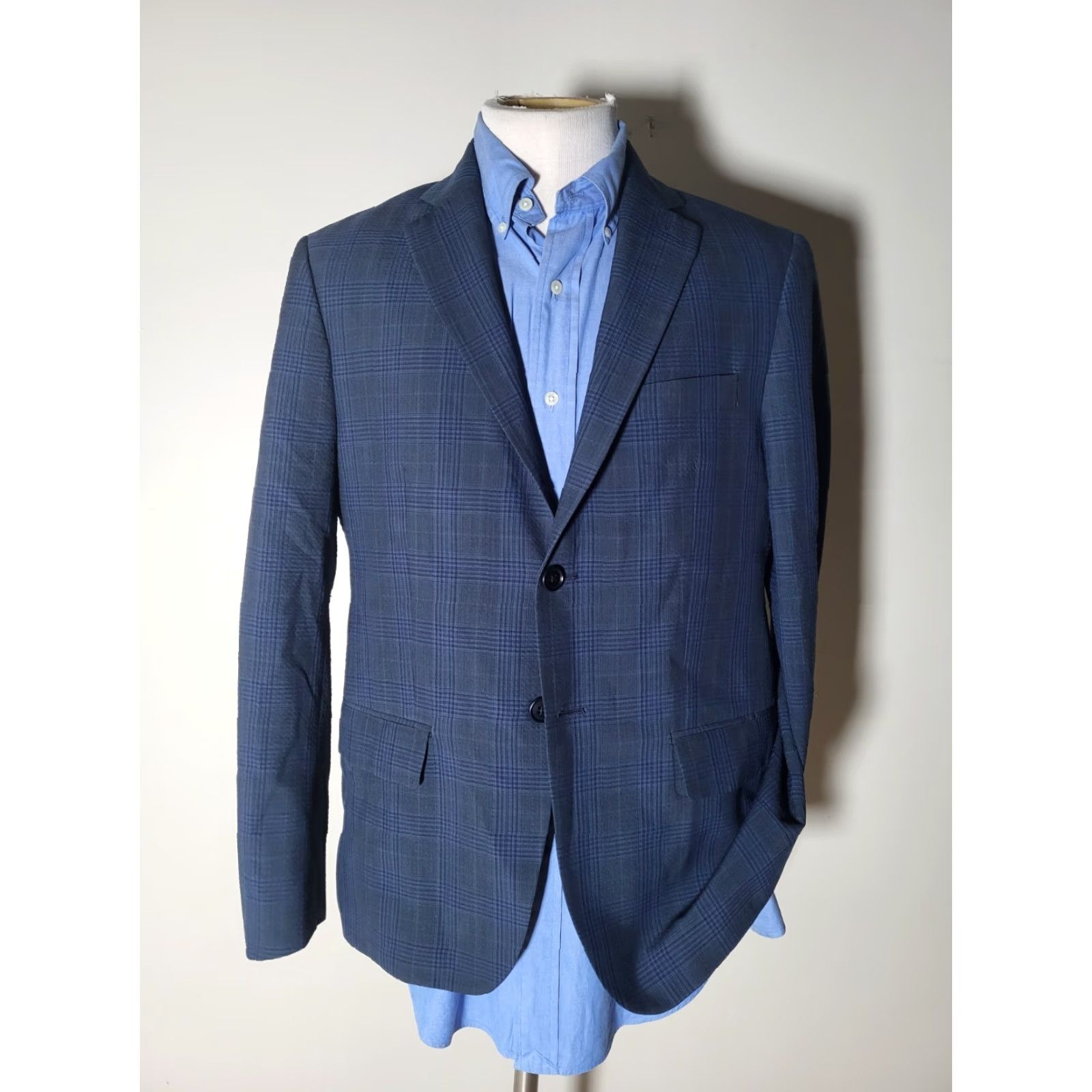 John Varvatos John Varvatos Sport Coat Jacket Seersucker Wool Blend Blue Black Check 40S Short Notch Lapel Men's Size US XXS / EU 40 - 3 Thumbnail