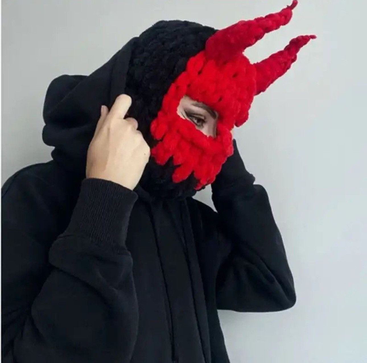 Handmade × Japanese Brand Devil balaclava with horns . Scull ski mask . Knitt mask Size ONE SIZE - 2 Thumbnail
