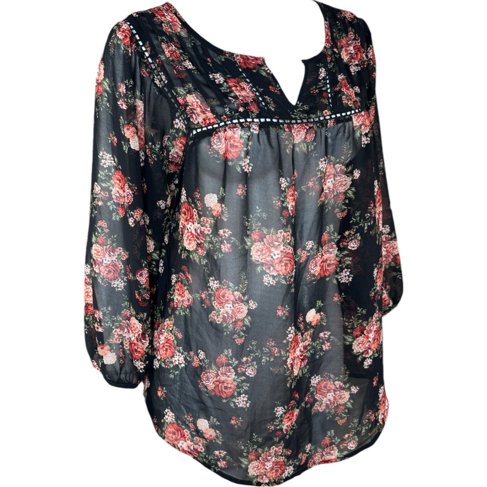 Other Mine Women Large Black Floral Sheer 3/4 Length Sleeve Blouse Size L / US 10 / IT 46 - 2 Thumbnail