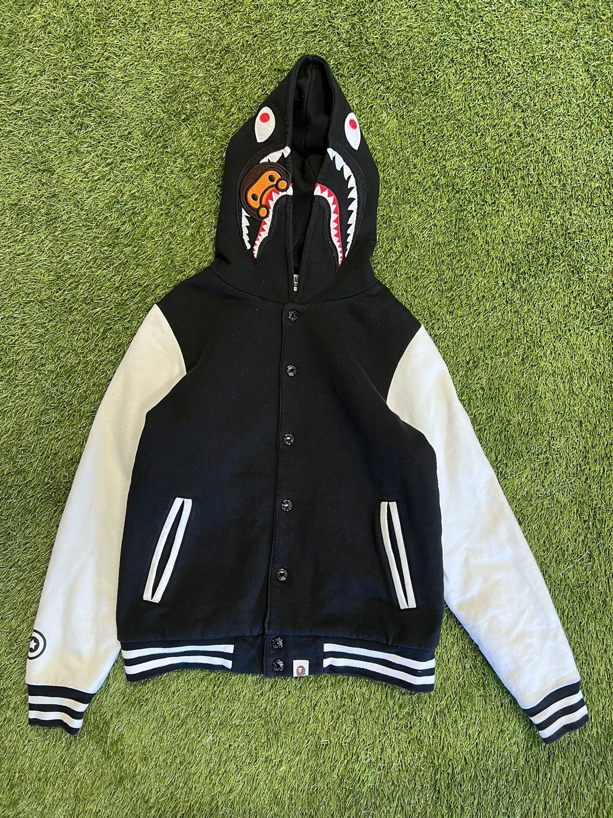 Image of Bape Shark Hoodie Varsity Jacket in Black, Women's (Size XS)