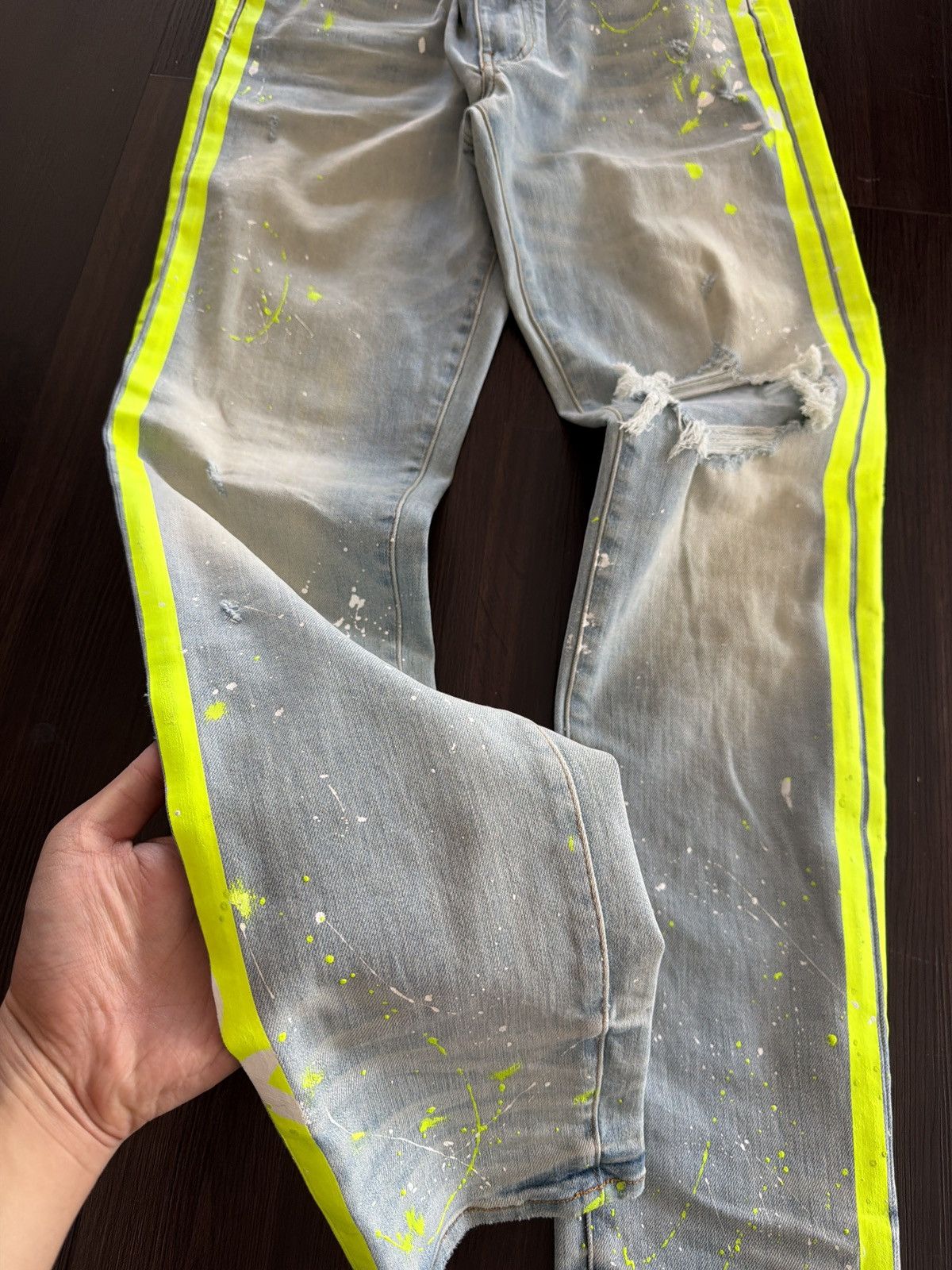 Amiri Amiri Neon Green Paint Splatter Striped Jeans Size US 34 / EU 50 - 2 Thumbnail