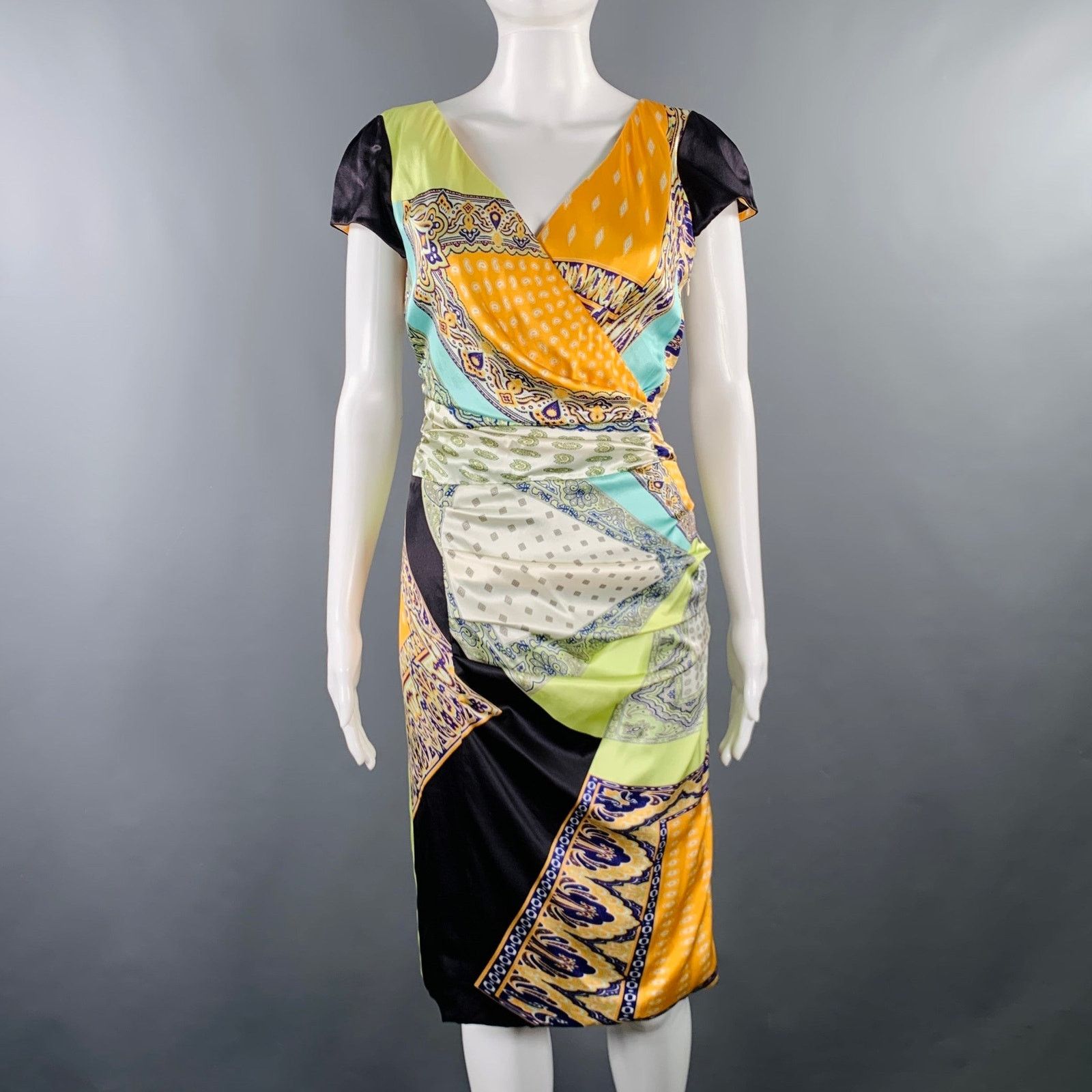 Multi Color Silk Blend Mixed Patterns Cap Sleeves Dress