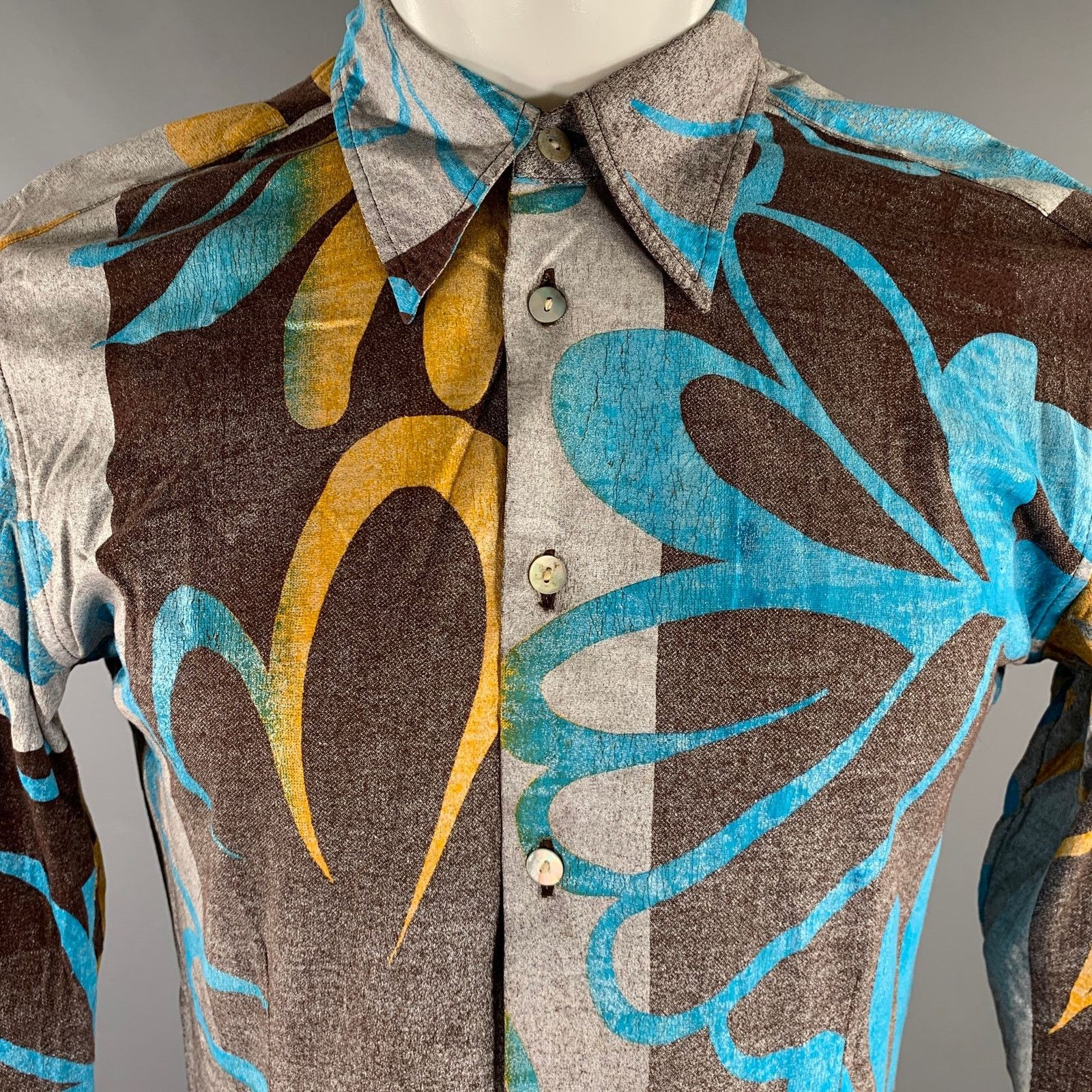 Custo Barcelona XS Brown Blue/Silver Abstract Floral L/S Shirt Size US XS / EU 42 / 0 - 2 Thumbnail