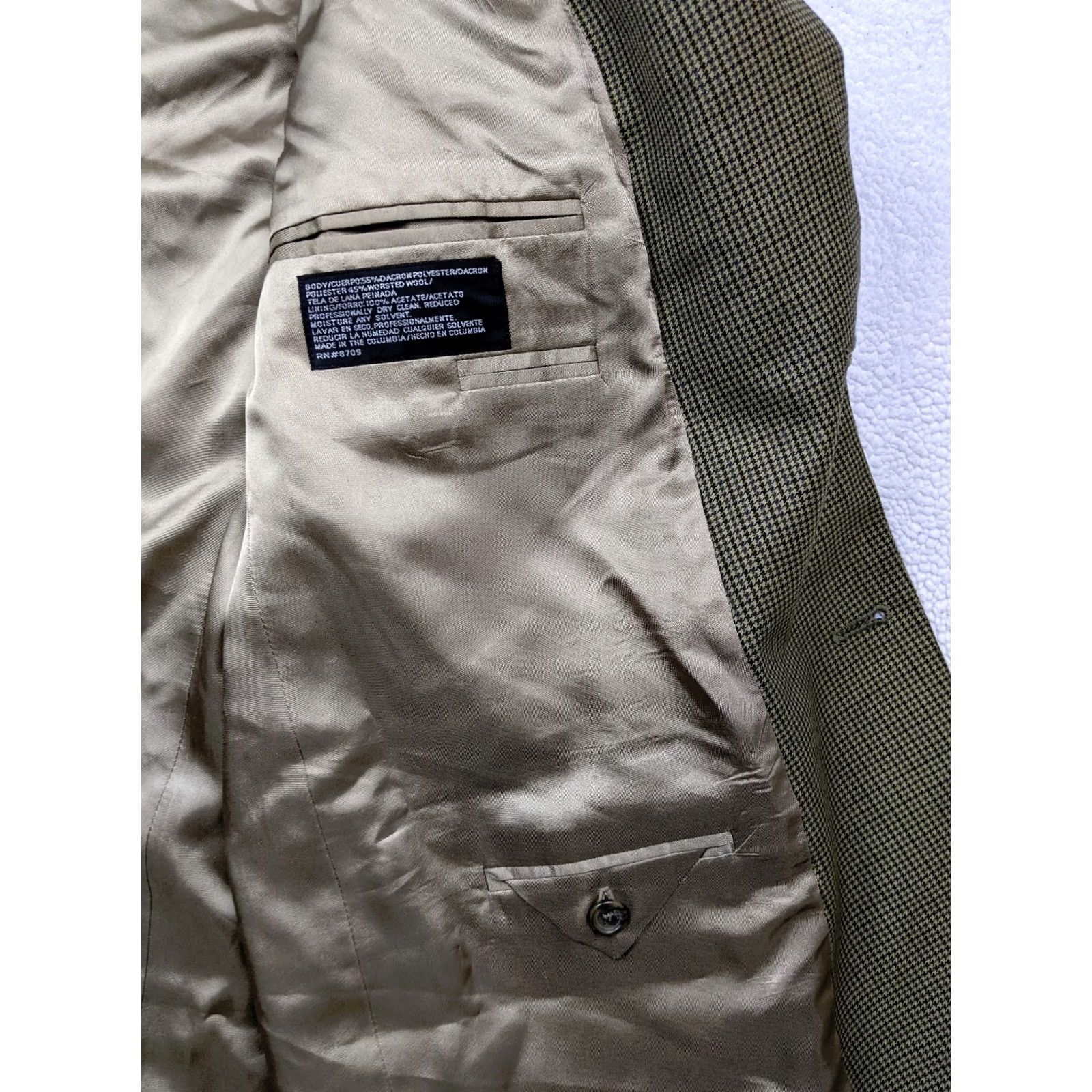 Stafford Stafford Blazer Jacket Mens 46R Beige Houndstooth Poly Wool Blend 2 Button Single-Breasted Notch Lapel 4-Button Sleeve Size 46R - 4 Thumbnail